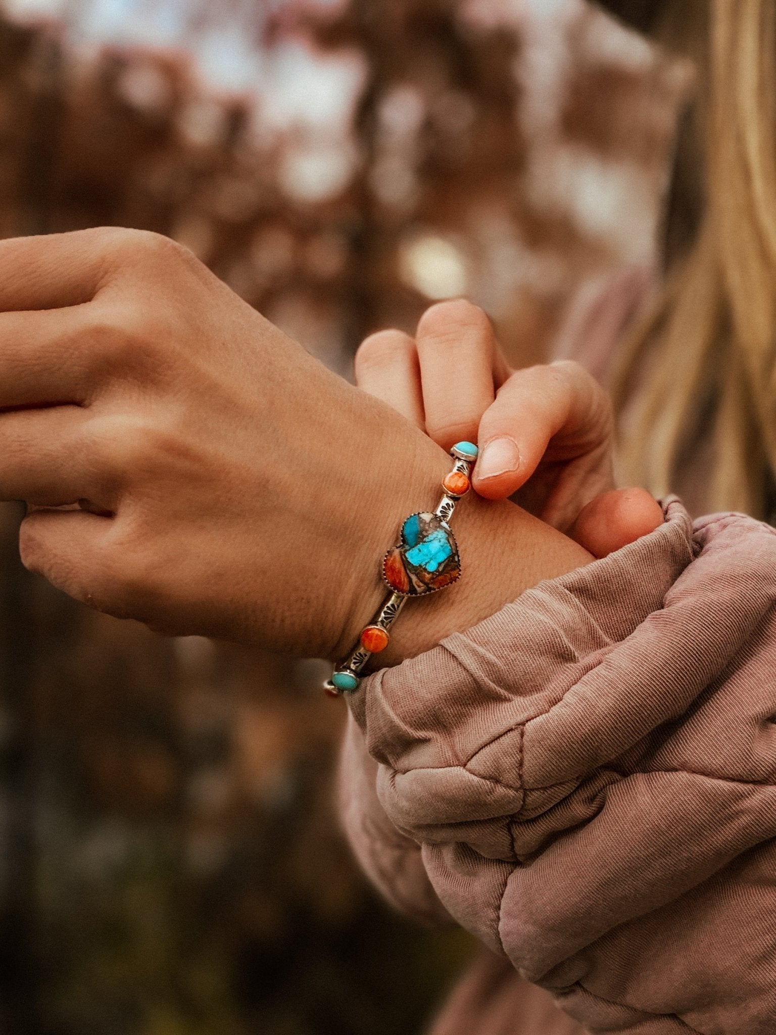Heart Cuff in Spiny Oyster, Kingman, & Lone Mtn Turquoise - Golden Road Crafted
