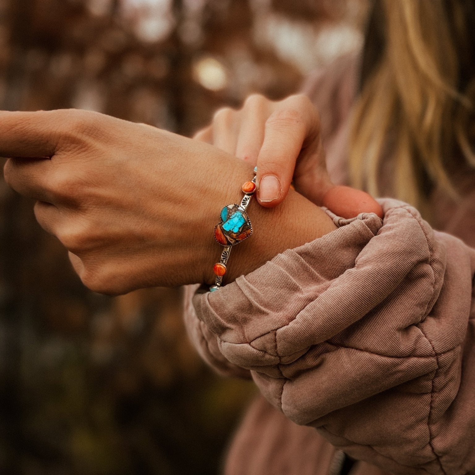 Heart Cuff in Spiny Oyster, Kingman, & Lone Mtn Turquoise - Golden Road Crafted
