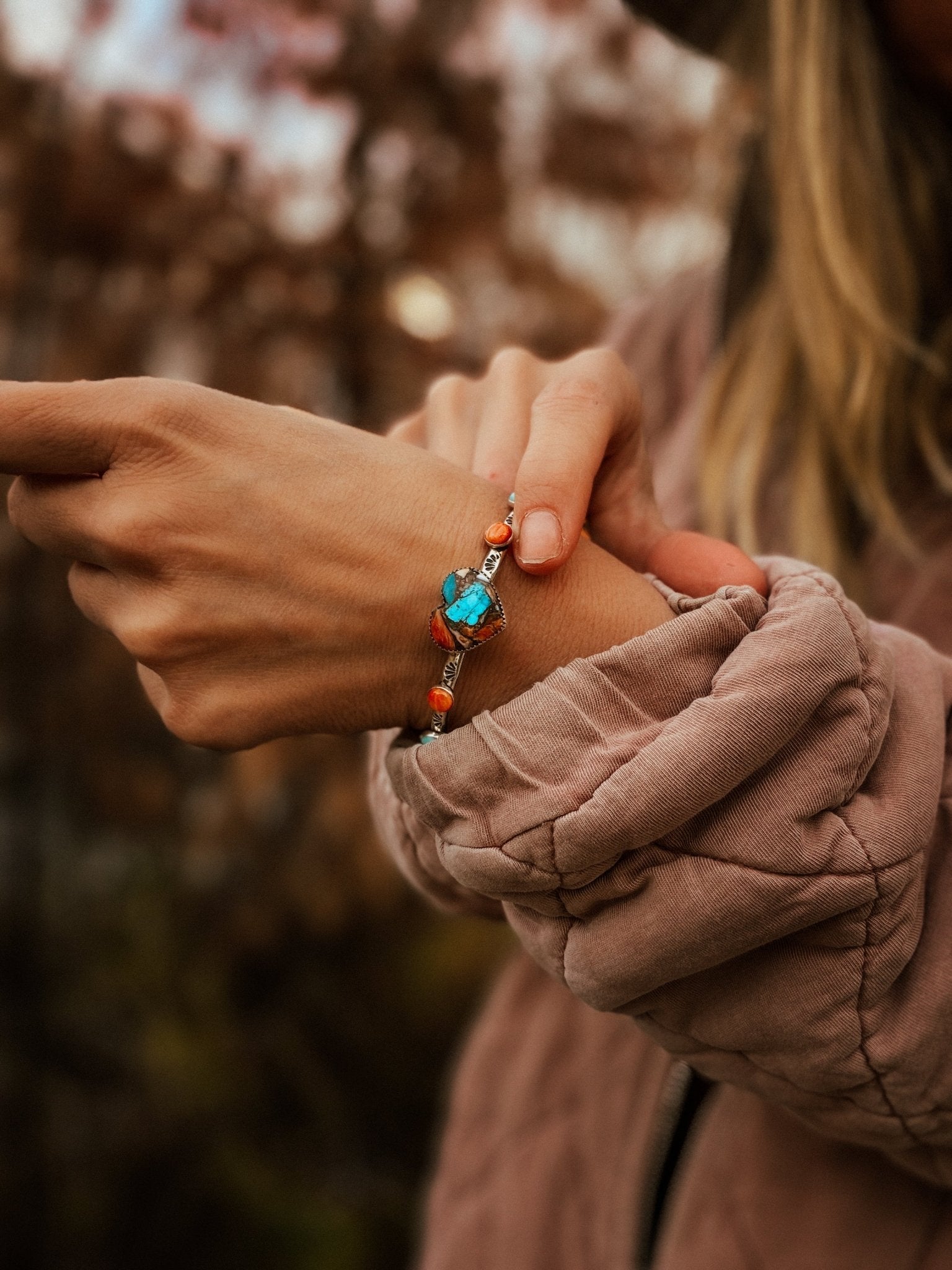 Heart Cuff in Spiny Oyster, Kingman, & Lone Mtn Turquoise - Golden Road Crafted