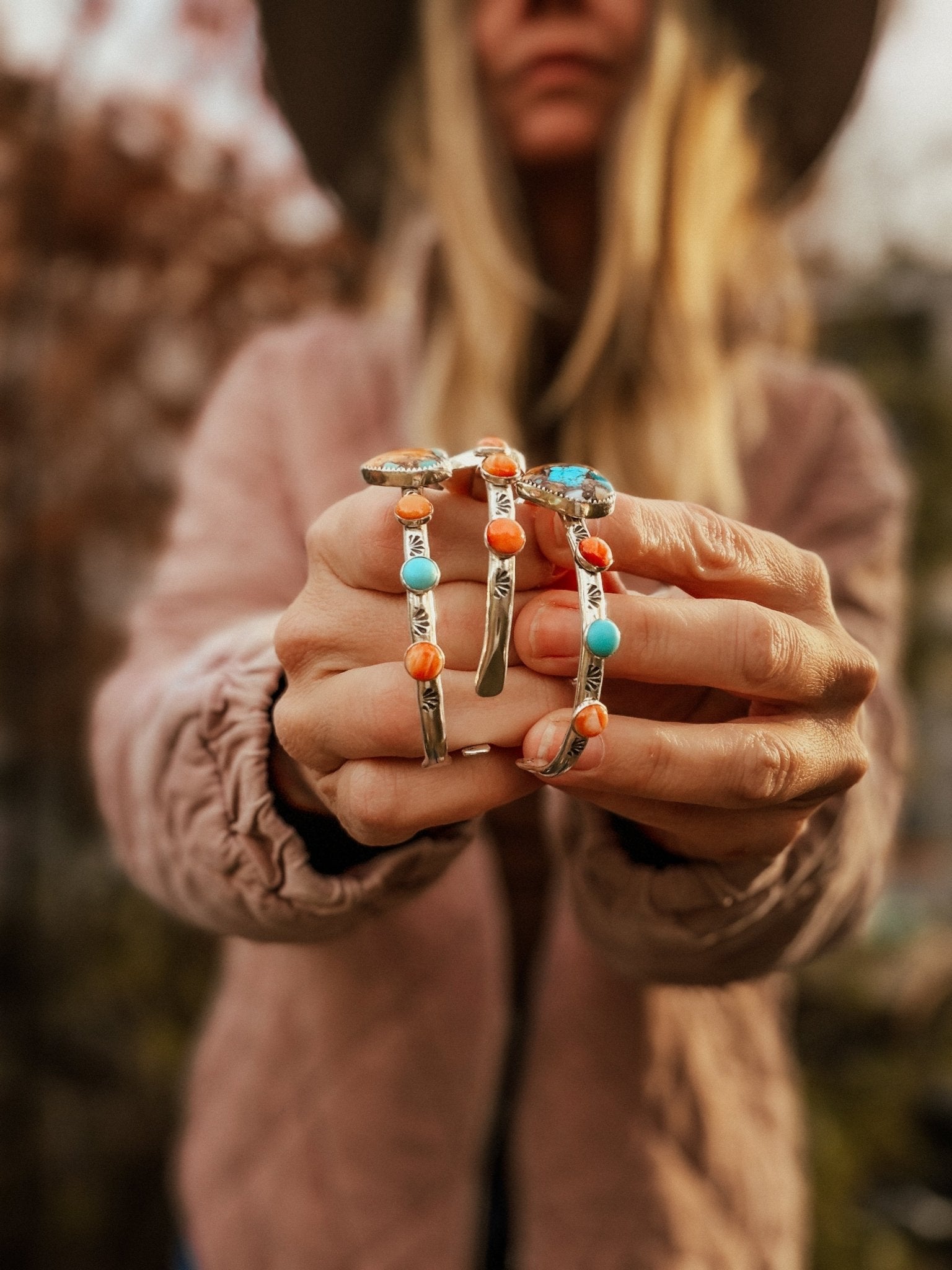 Heart Cuff in Spiny Oyster, Kingman, & Lone Mtn Turquoise - Golden Road Crafted