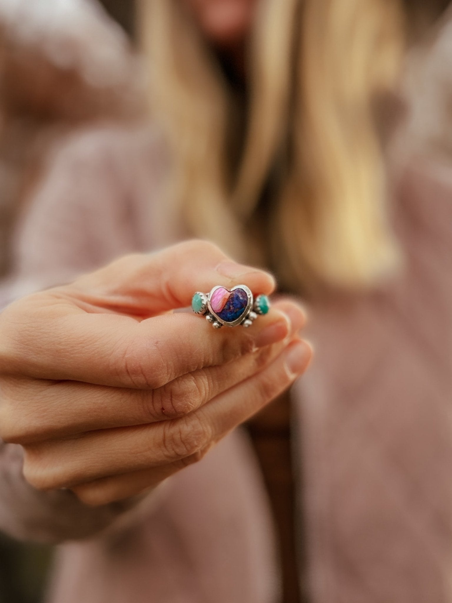 Heart Ring in Pink Dahlia & Hubei Turquoise (Size 6.5) - Golden Road Crafted