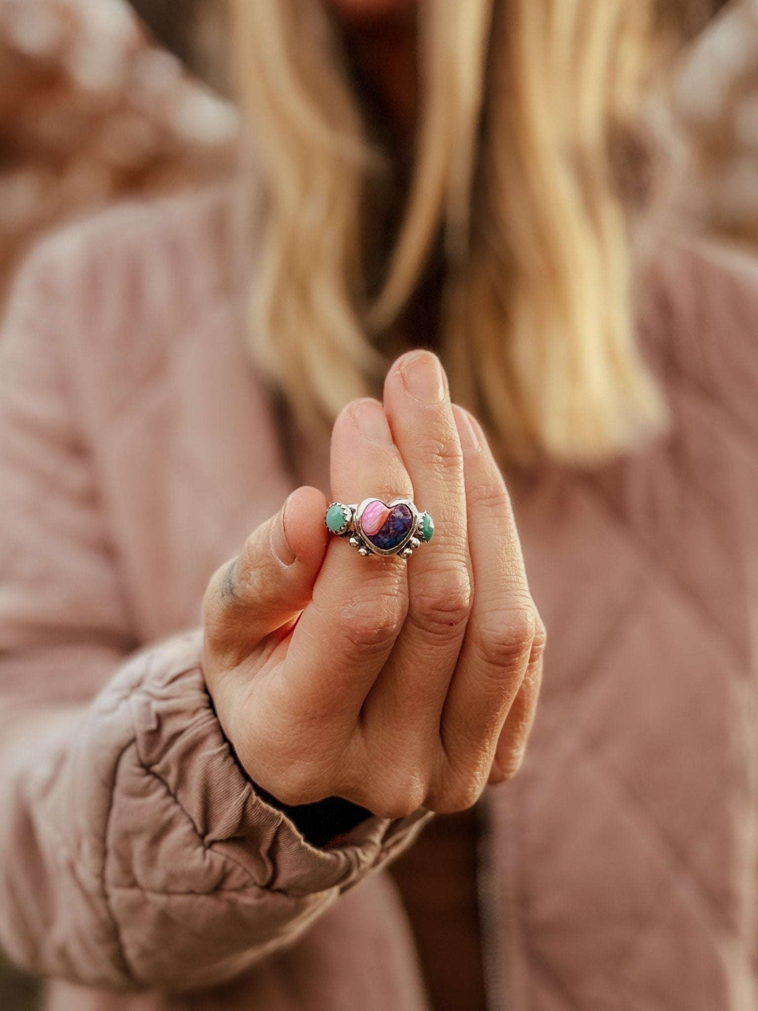 Heart Ring in Pink Dahlia & Hubei Turquoise (Size 6.5) - Golden Road Crafted