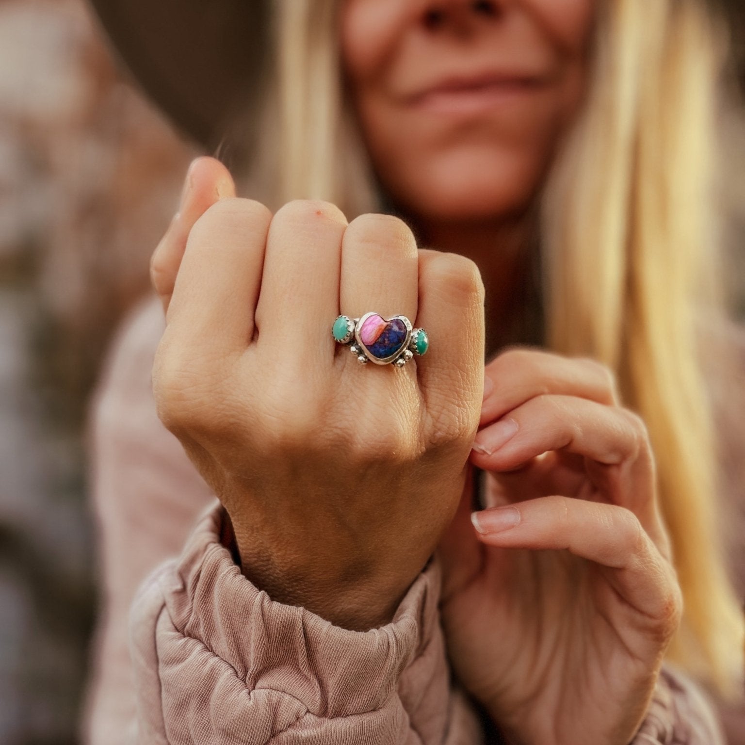 Heart Ring in Pink Dahlia & Hubei Turquoise (Size 6.5) - Golden Road Crafted