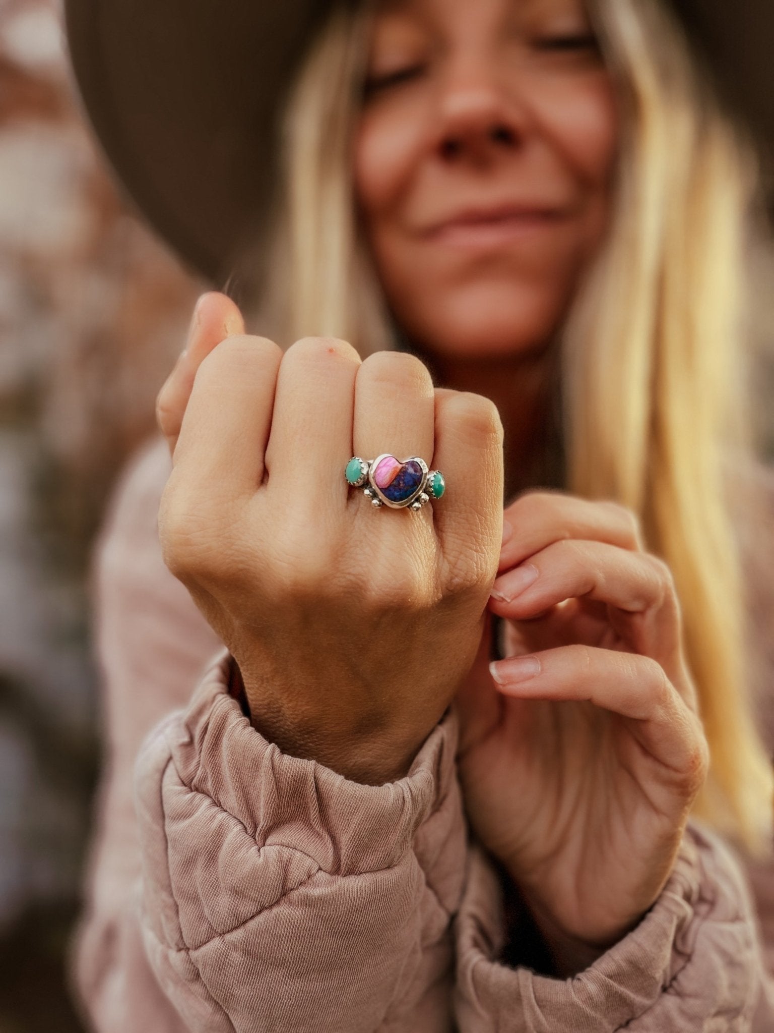 Heart Ring in Pink Dahlia & Hubei Turquoise (Size 6.5) - Golden Road Crafted