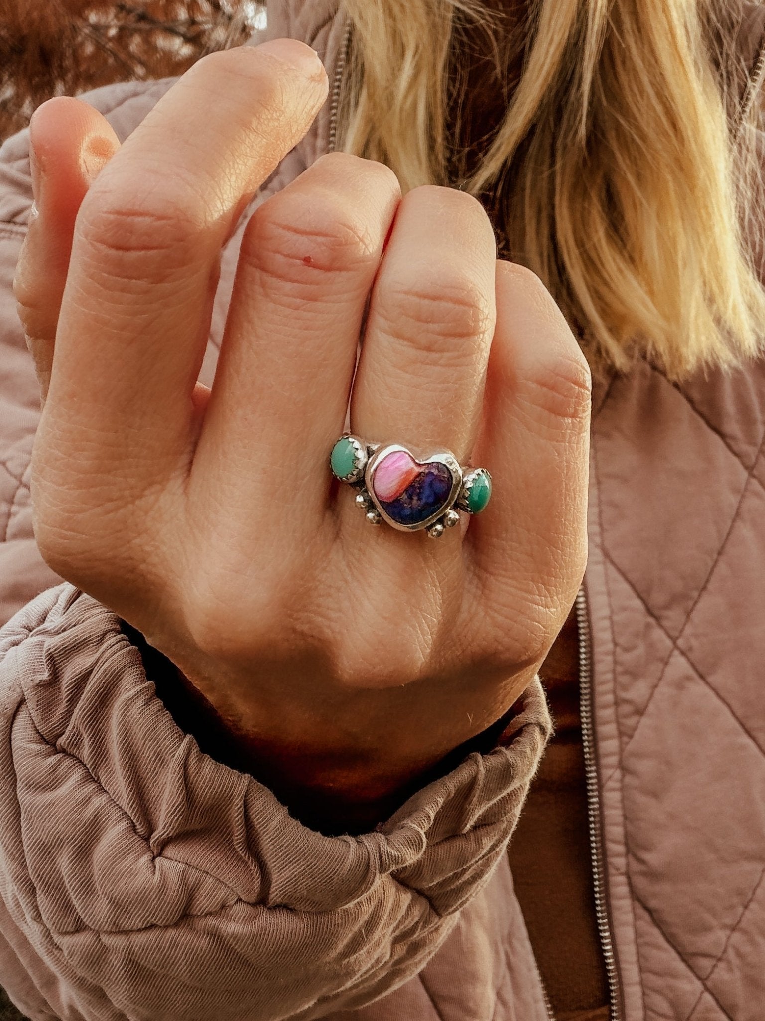Heart Ring in Pink Dahlia & Hubei Turquoise (Size 6.5) - Golden Road Crafted