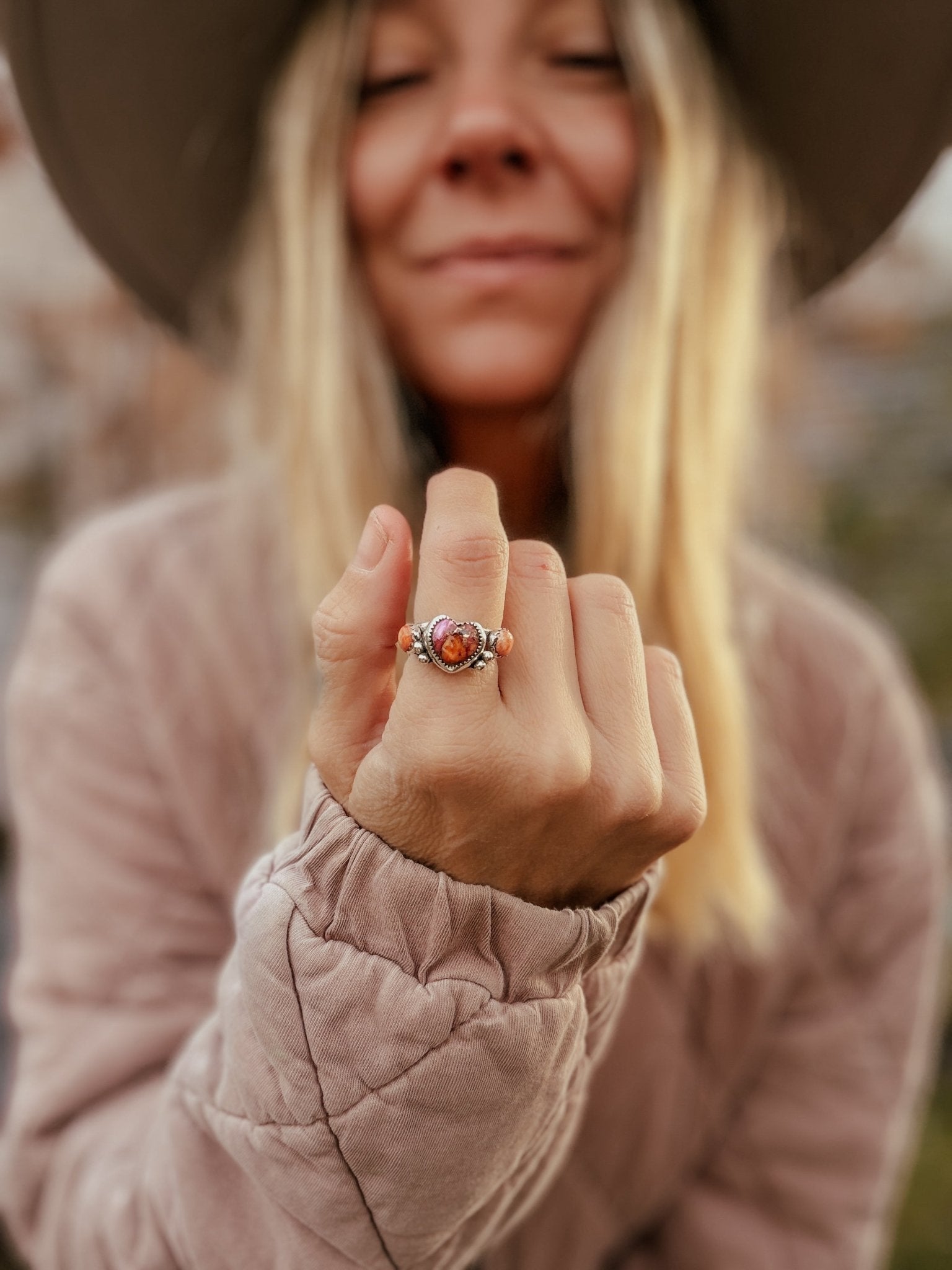 Heart Ring in Pink Dahlia & Spiny Oyster (Size 7.5) - Golden Road Crafted