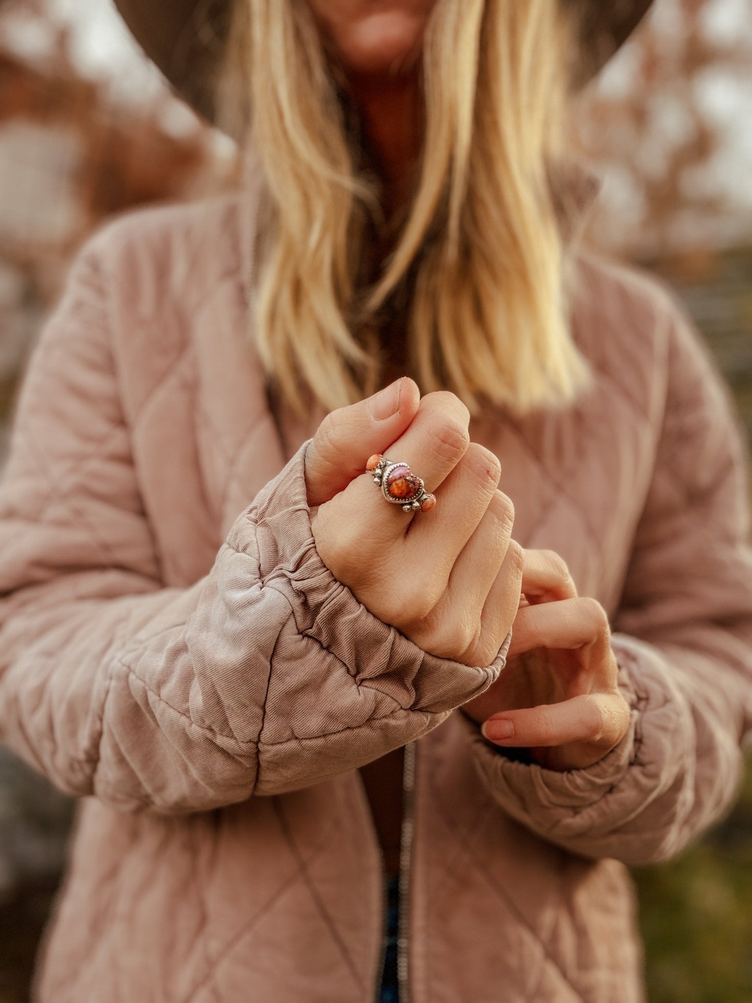 Heart Ring in Pink Dahlia & Spiny Oyster (Size 7.5) - Golden Road Crafted