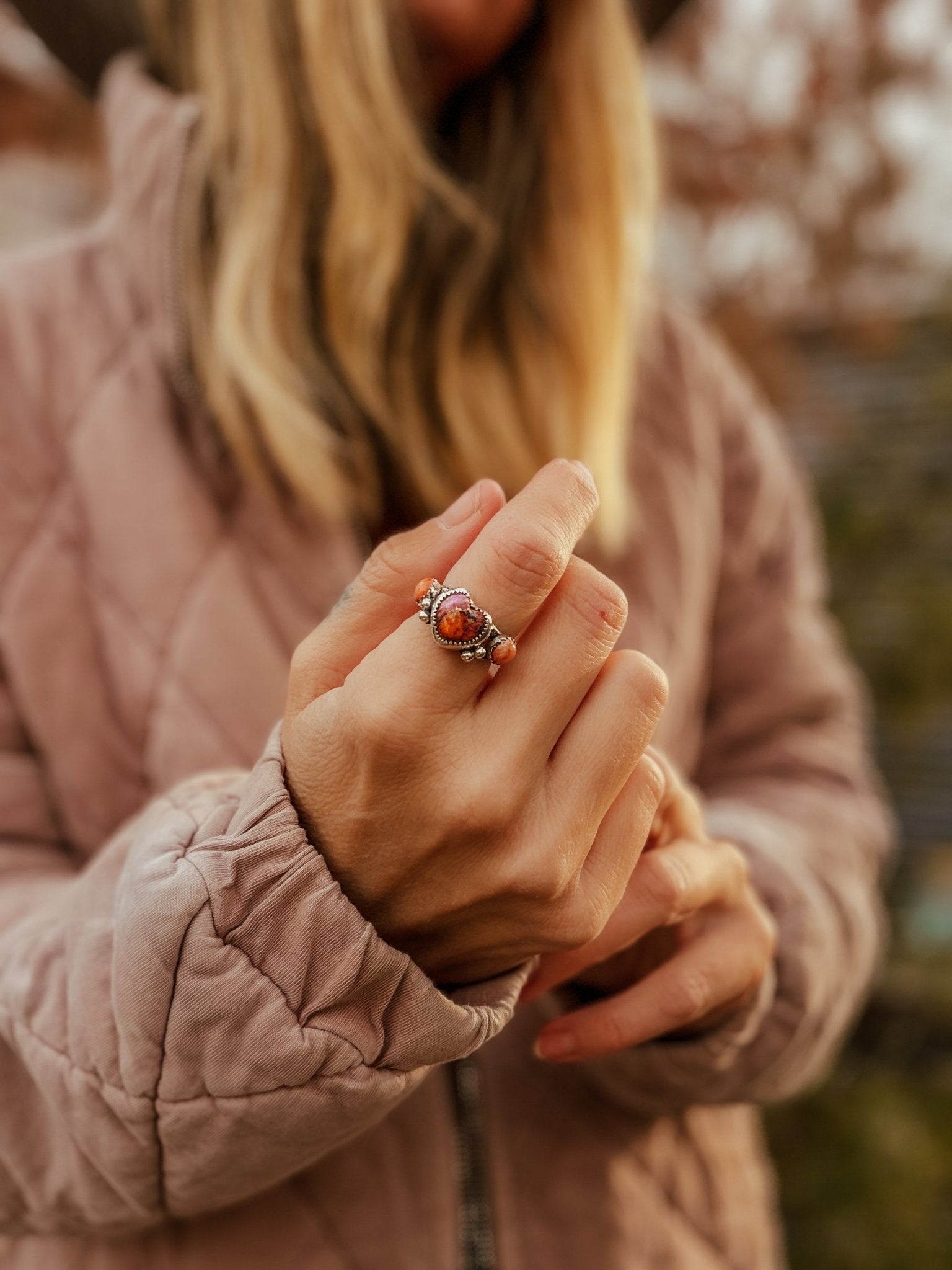 Heart Ring in Pink Dahlia & Spiny Oyster (Size 7.5) - Golden Road Crafted