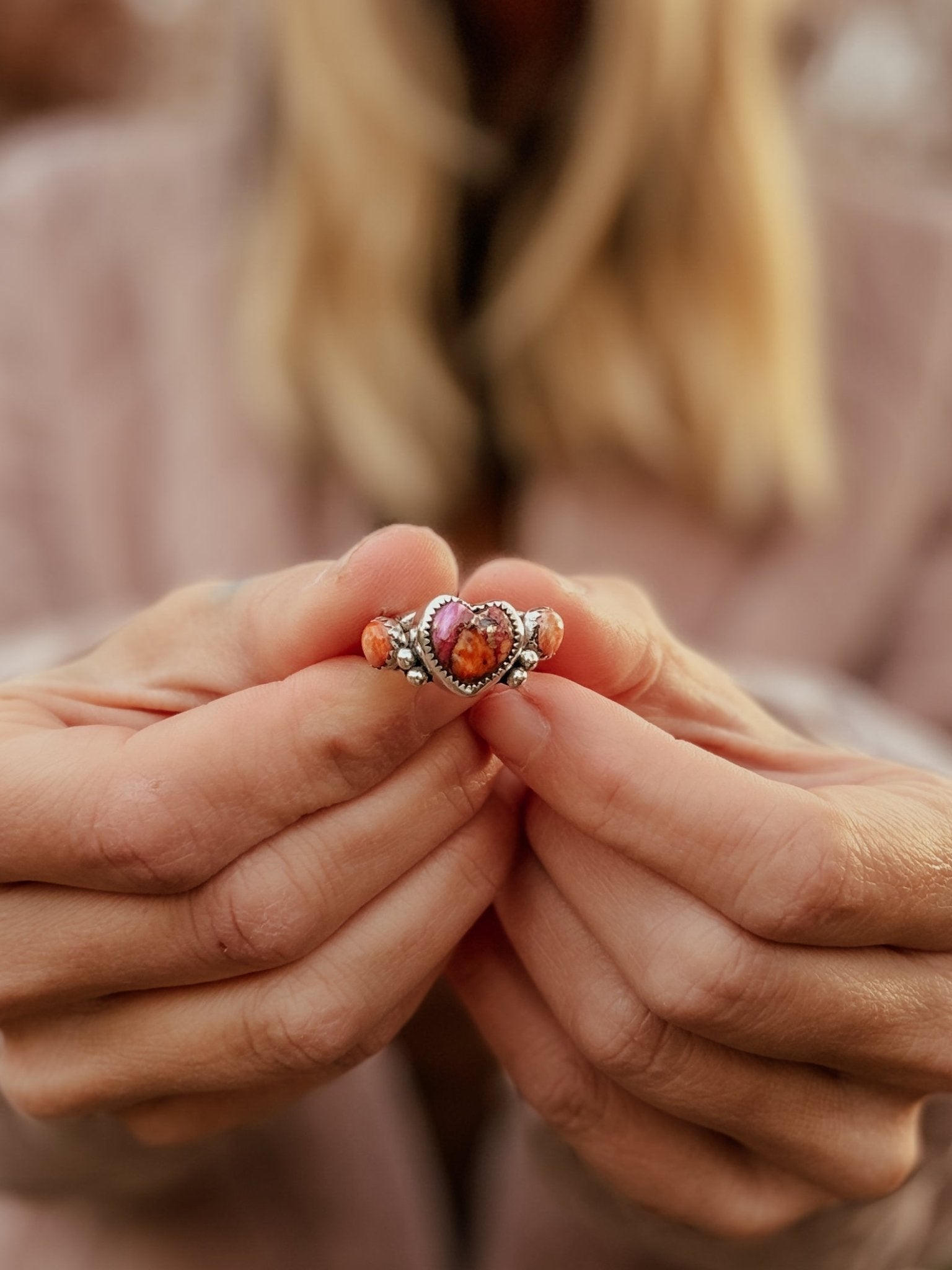 Heart Ring in Pink Dahlia & Spiny Oyster (Size 7.5) - Golden Road Crafted