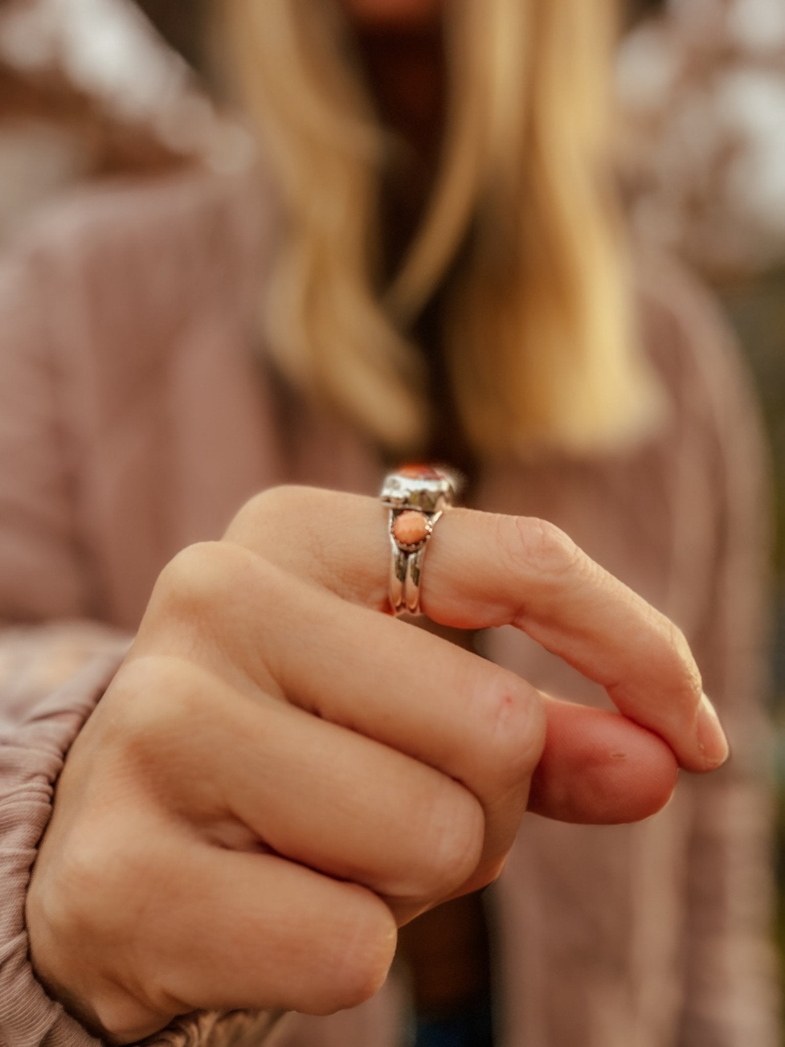 Heart Ring in Pink Dahlia & Spiny Oyster (Size 7.5) - Golden Road Crafted