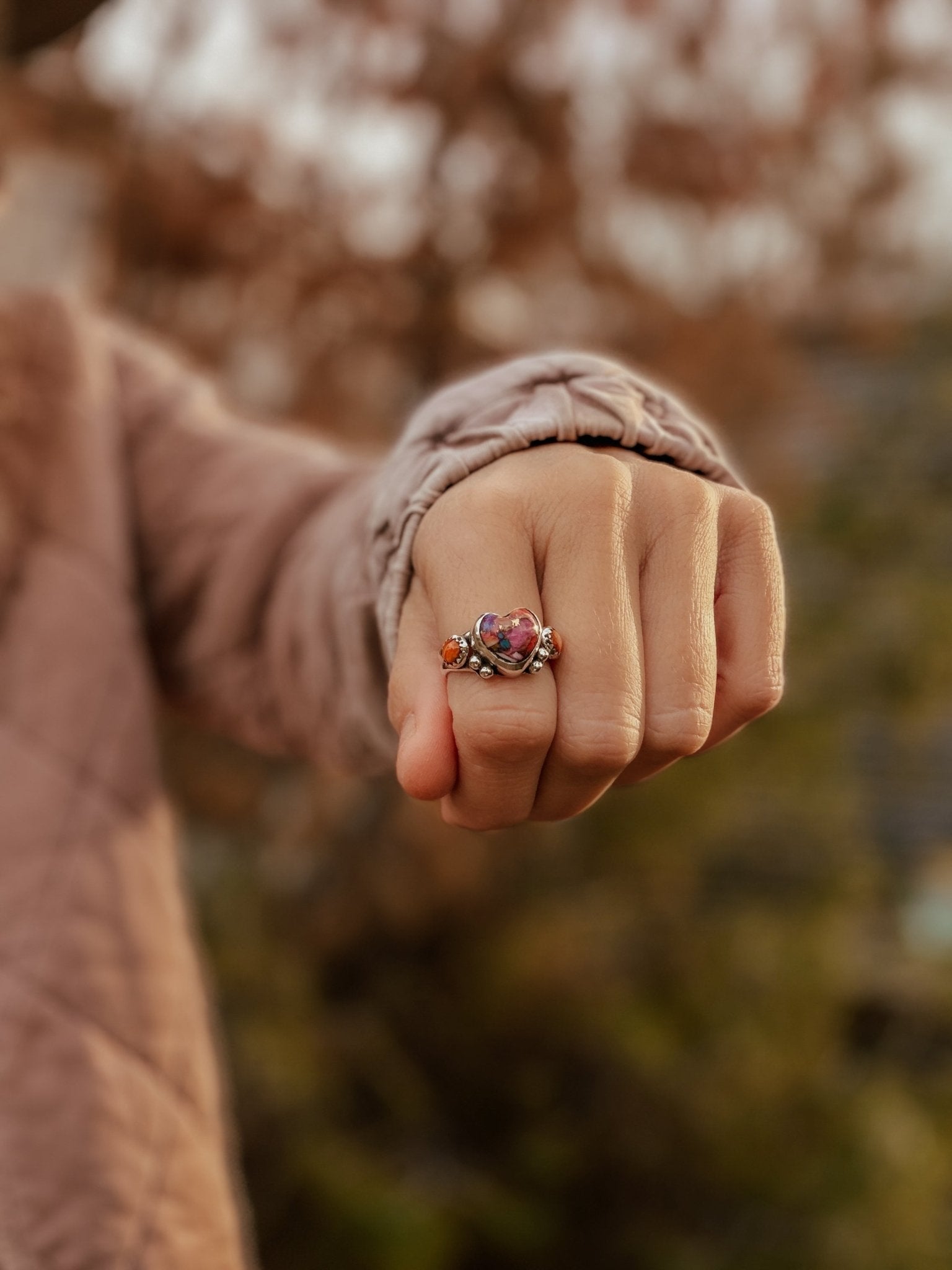 Heart Ring in Pink Dahlia & Spiny Oyster (Size 9) - Golden Road Crafted