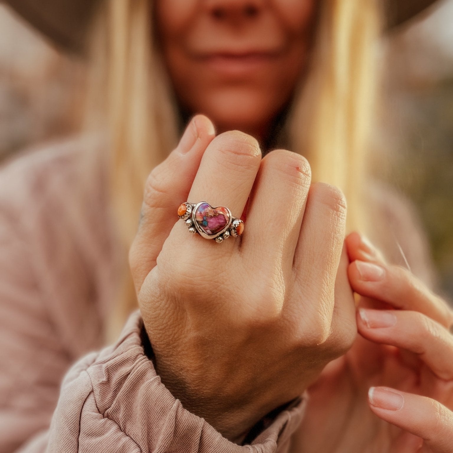 Heart Ring in Pink Dahlia & Spiny Oyster (Size 9) - Golden Road Crafted