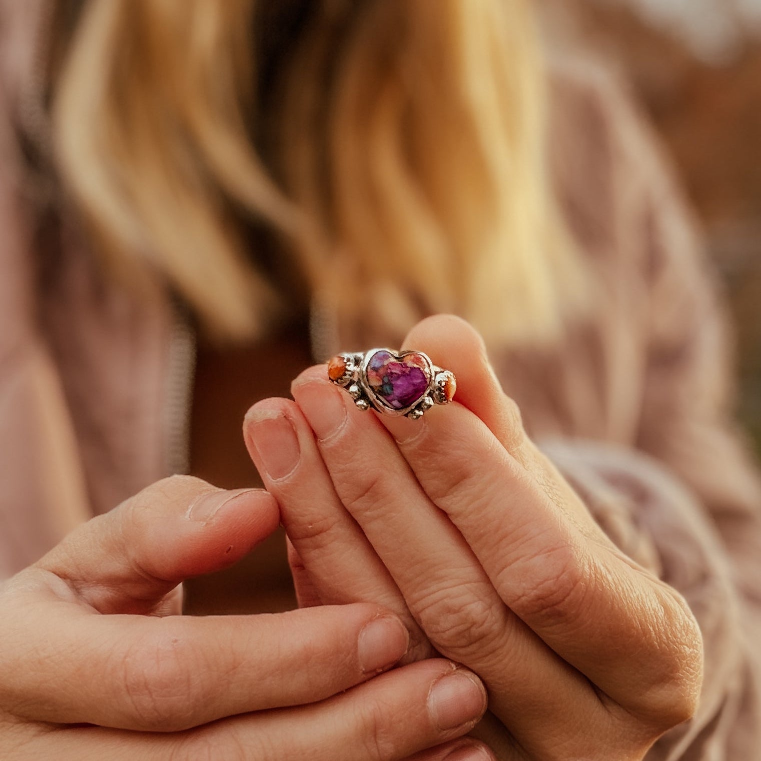 Heart Ring in Pink Dahlia & Spiny Oyster (Size 9) - Golden Road Crafted