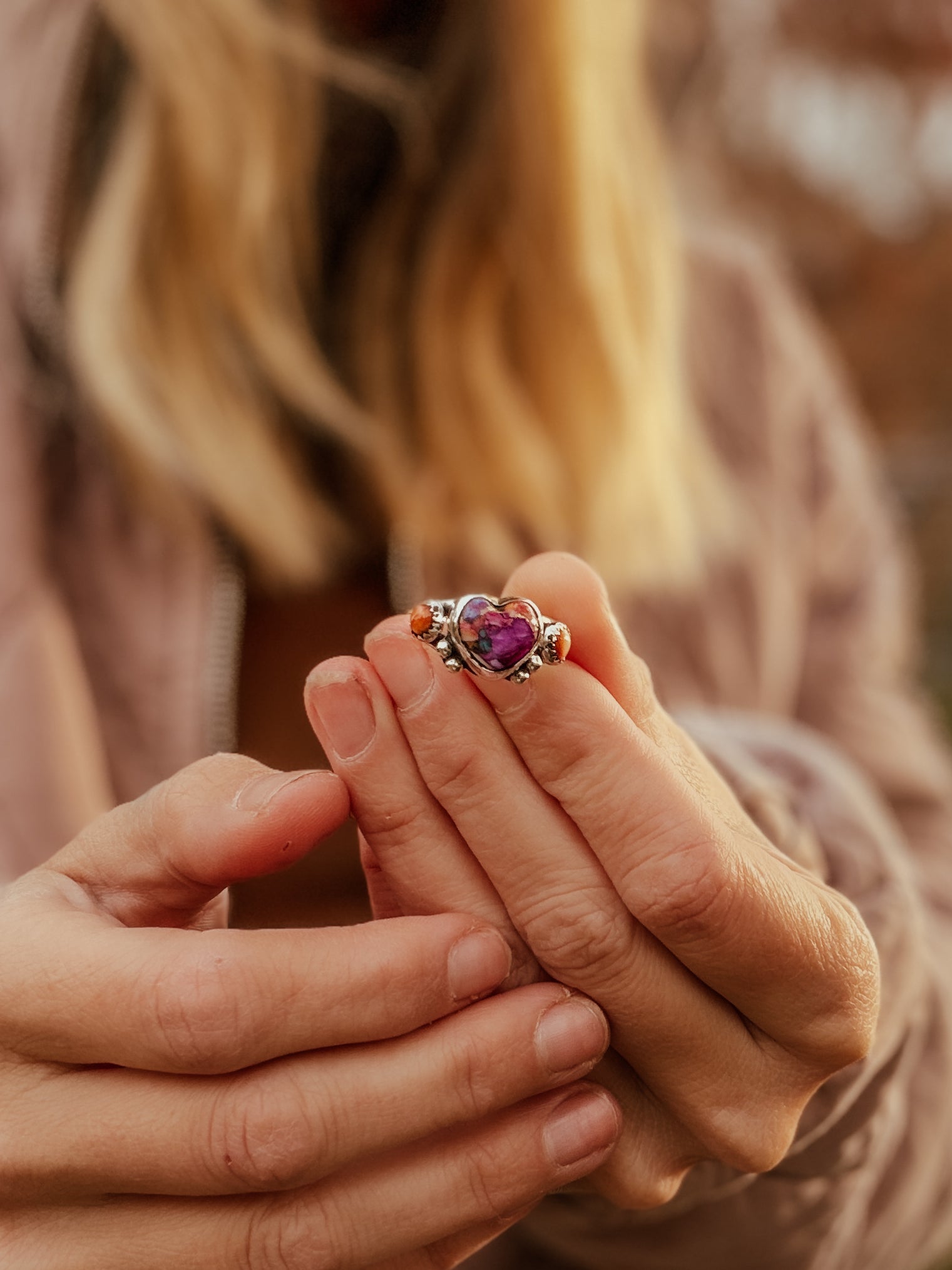 Heart Ring in Pink Dahlia & Spiny Oyster (Size 9) - Golden Road Crafted