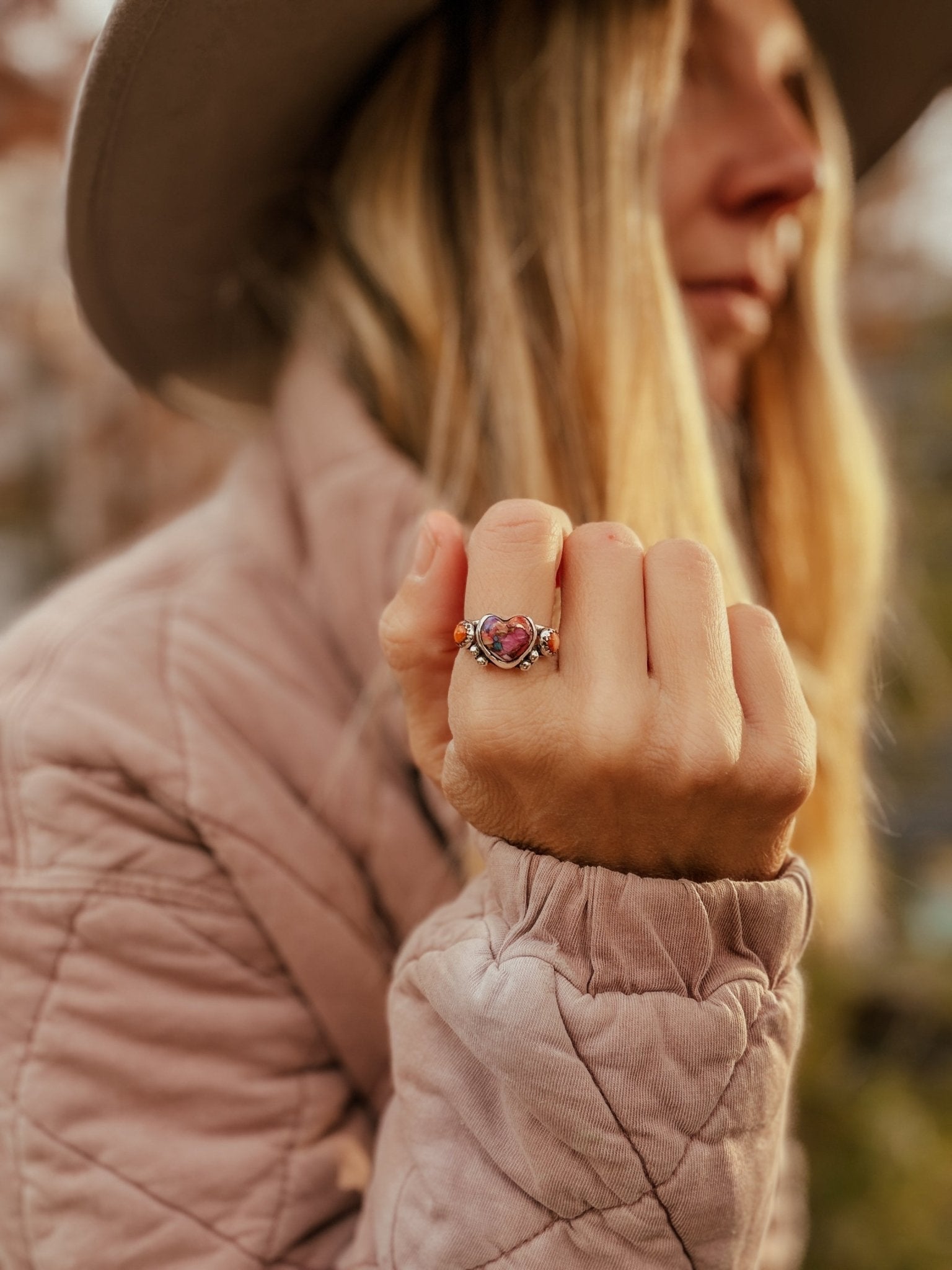 Heart Ring in Pink Dahlia & Spiny Oyster (Size 9) - Golden Road Crafted