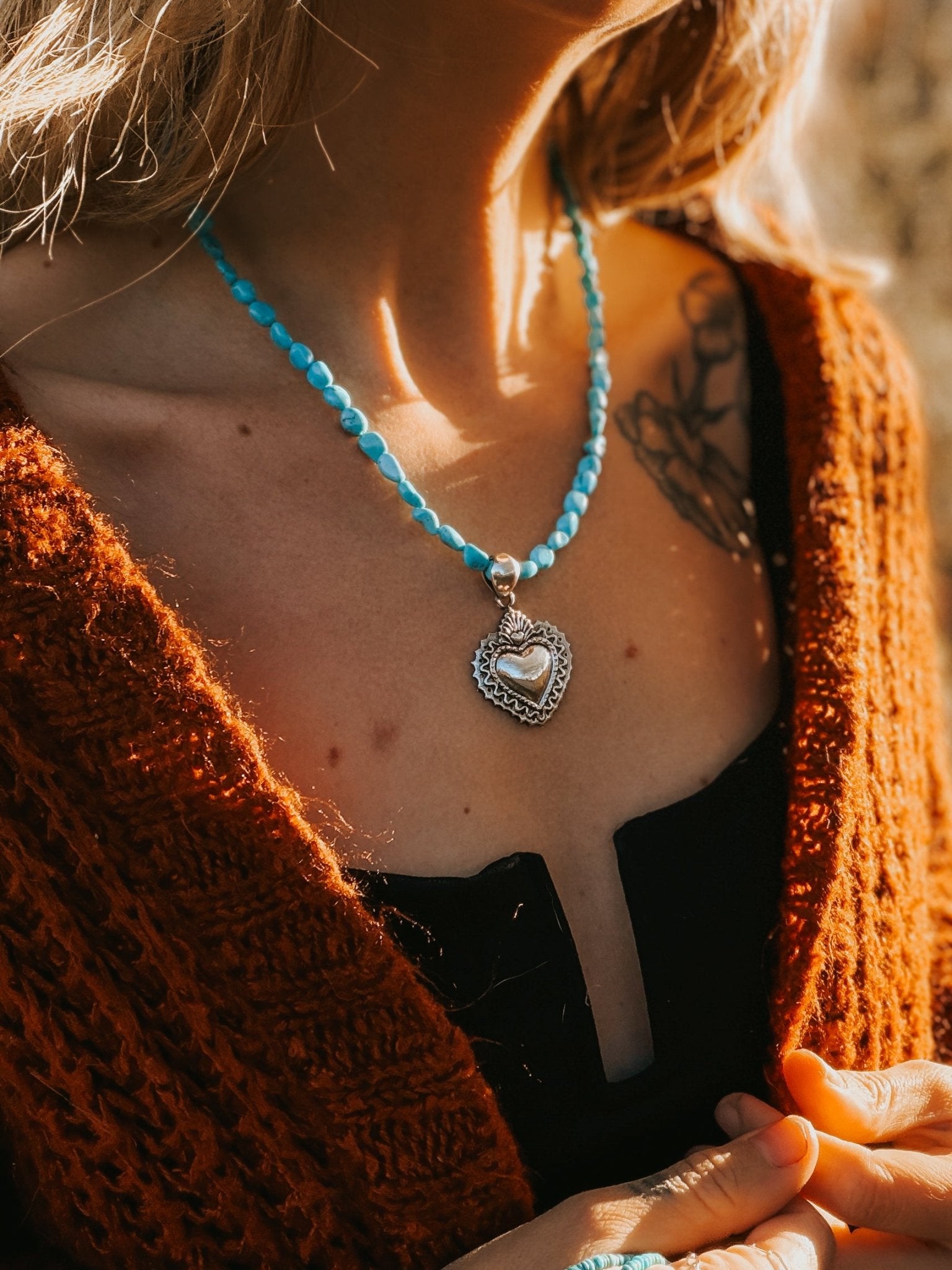 Heart Throb Pendant with Turquoise Bead Chain - Golden Road Crafted