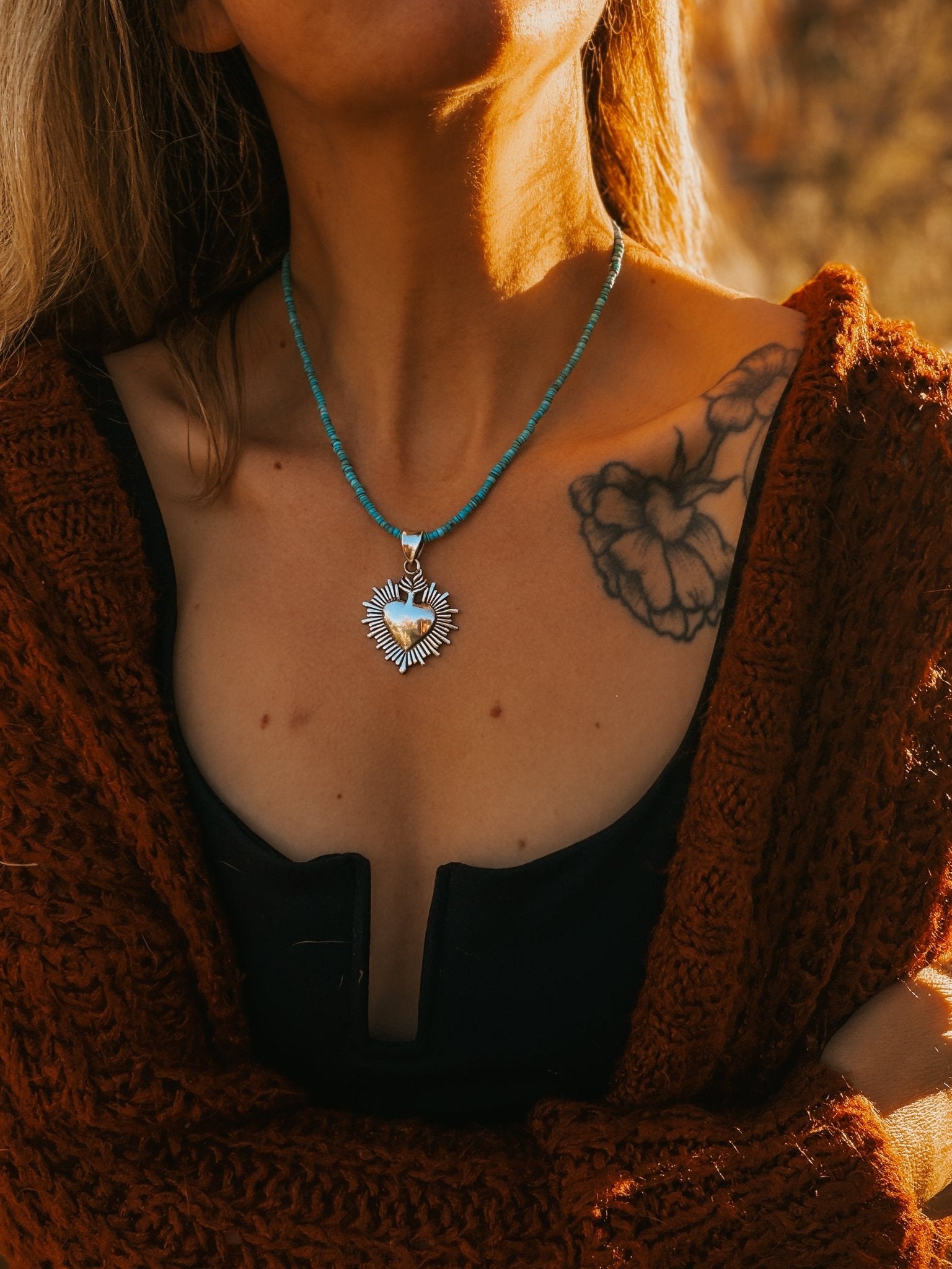 Heart Throb Pendant with Turquoise Bead Chain - Golden Road Crafted