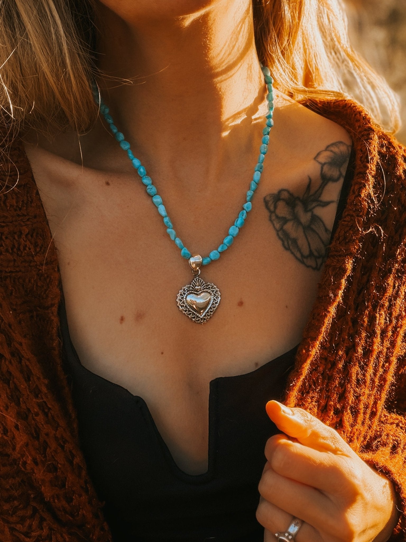 Heart Throb Pendant with Turquoise Bead Chain - Golden Road Crafted