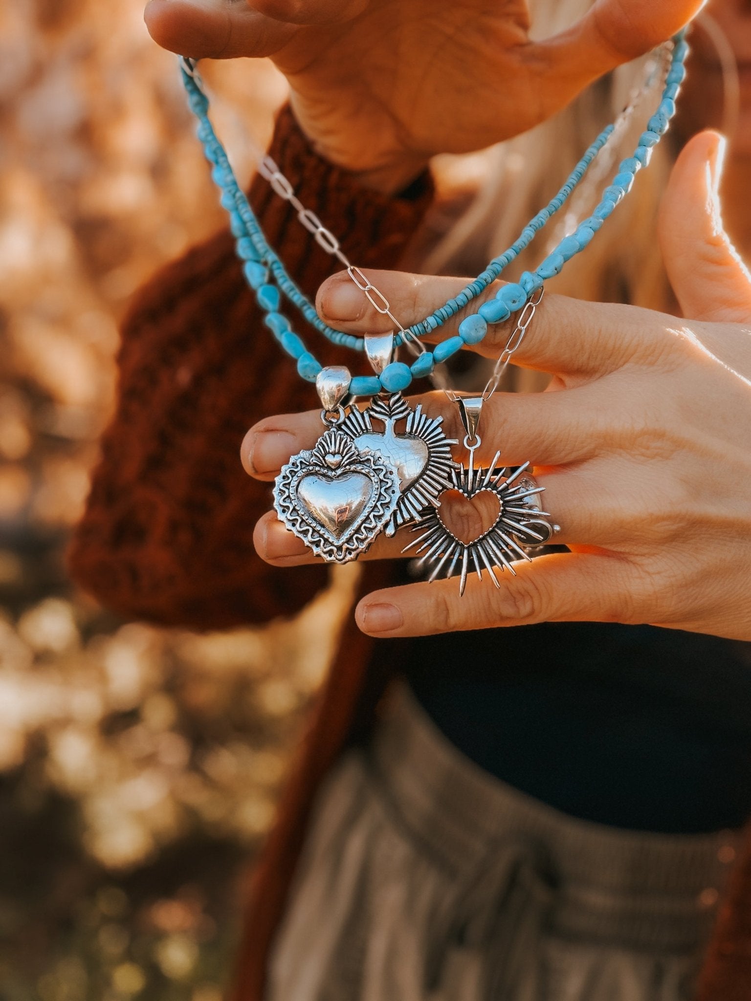 Heart Throb Pendant with Turquoise Bead Chain - Golden Road Crafted