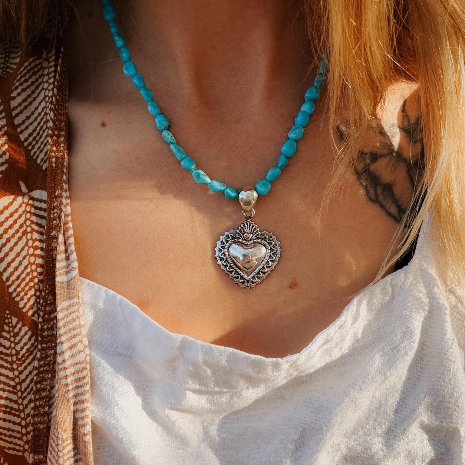 Heart Throb Pendant with Turquoise Bead Chain - Golden Road Crafted