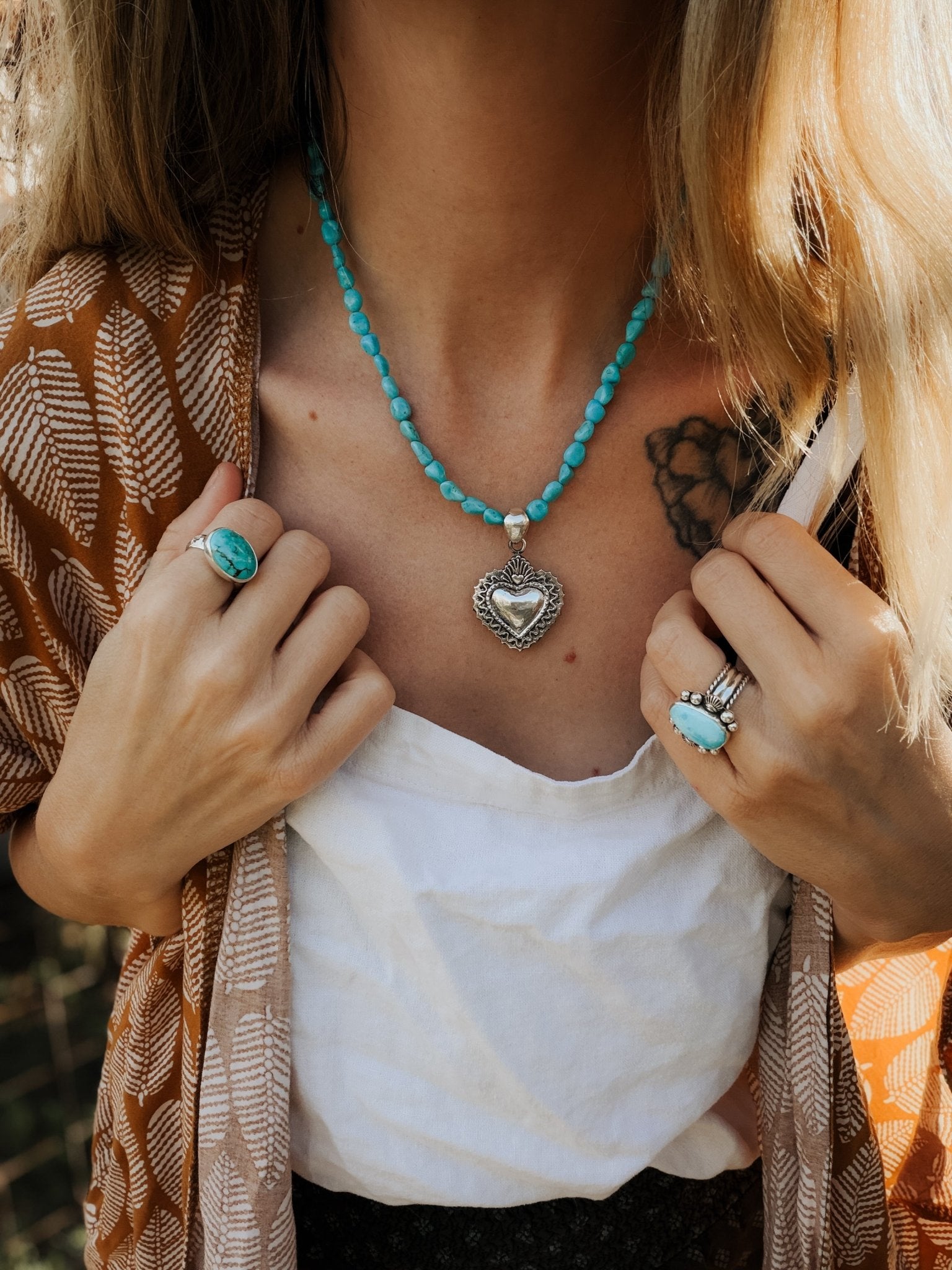 Heart Throb Pendant with Turquoise Bead Chain - Golden Road Crafted