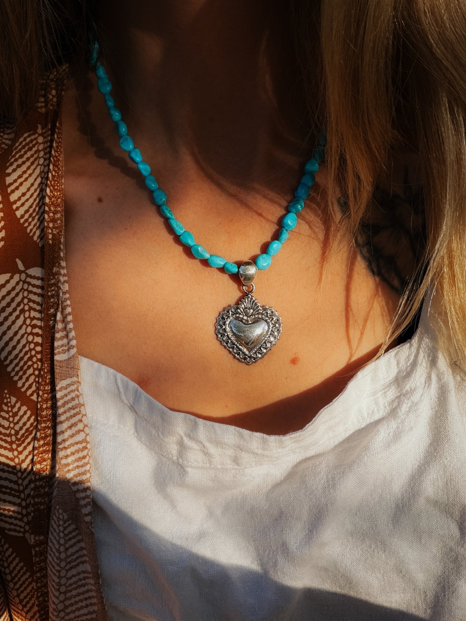 Heart Throb Pendant with Turquoise Bead Chain - Golden Road Crafted