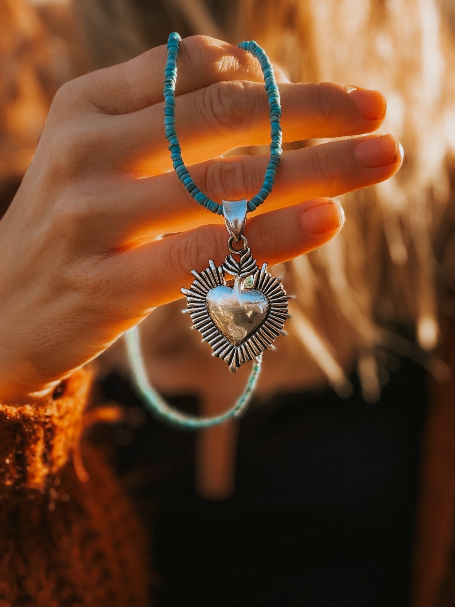 Heart Throb Pendant with Turquoise Bead Chain - Golden Road Crafted