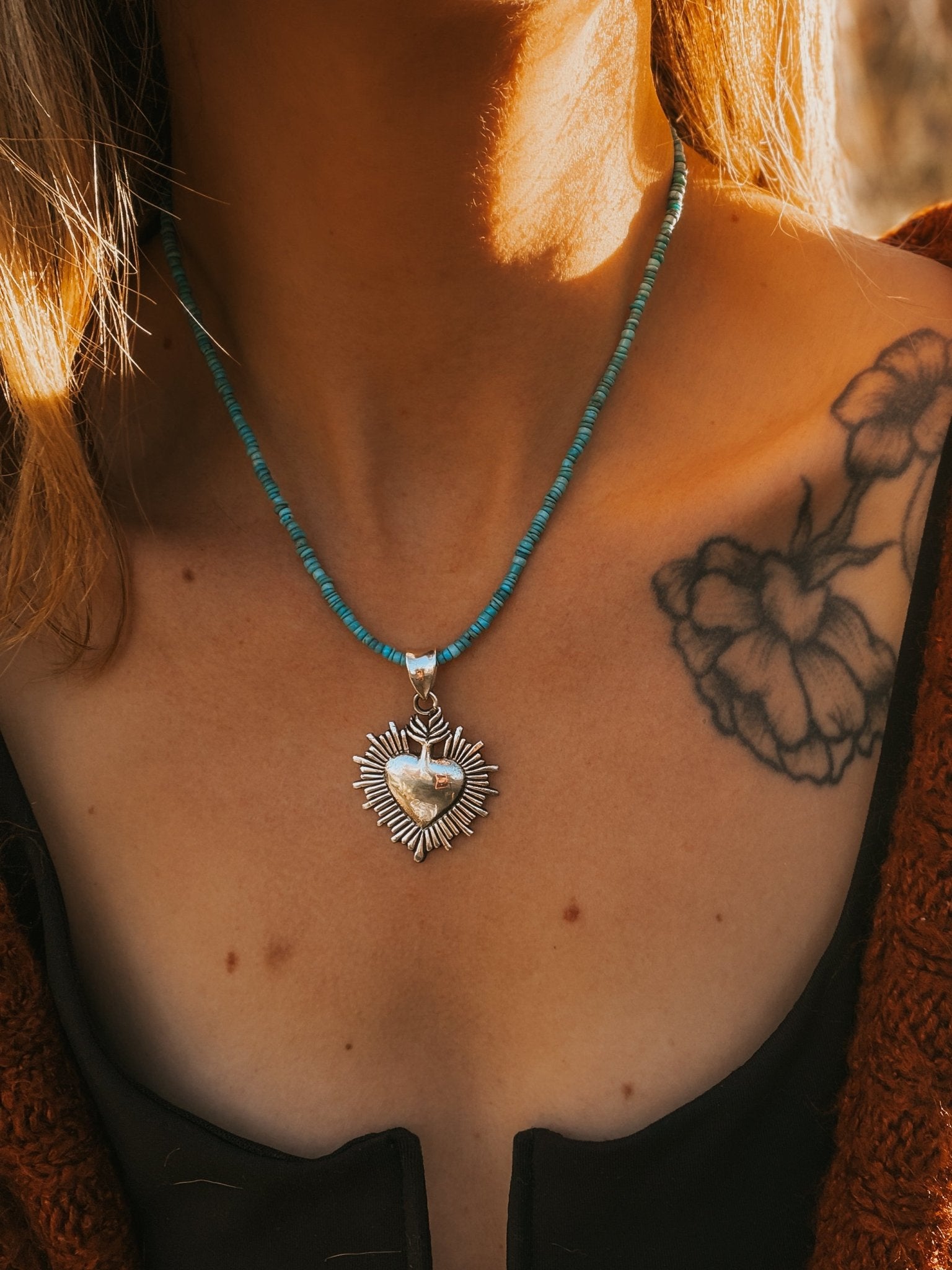 Heart Throb Pendant with Turquoise Bead Chain - Golden Road Crafted