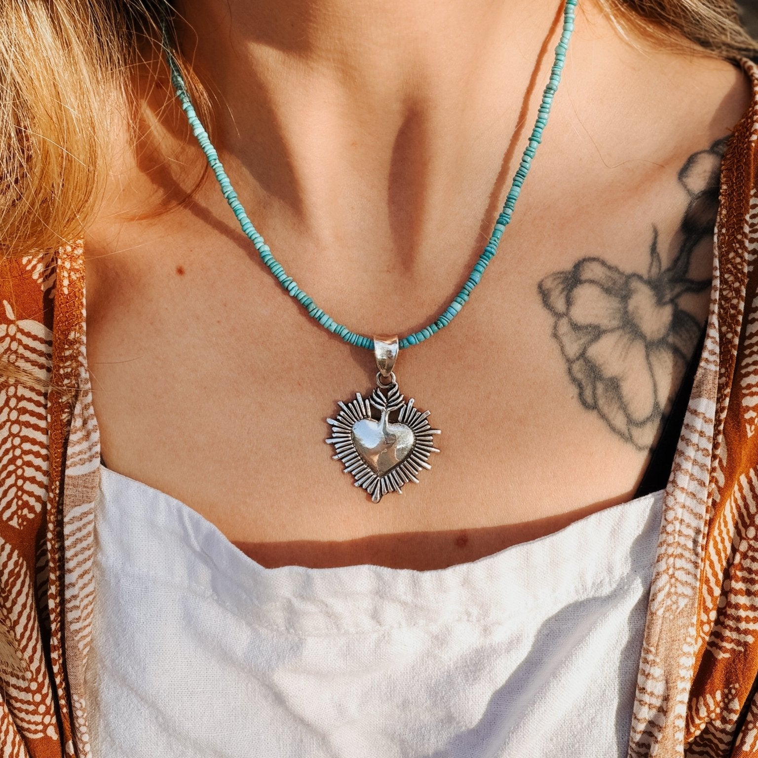 Heart Throb Pendant with Turquoise Bead Chain - Golden Road Crafted
