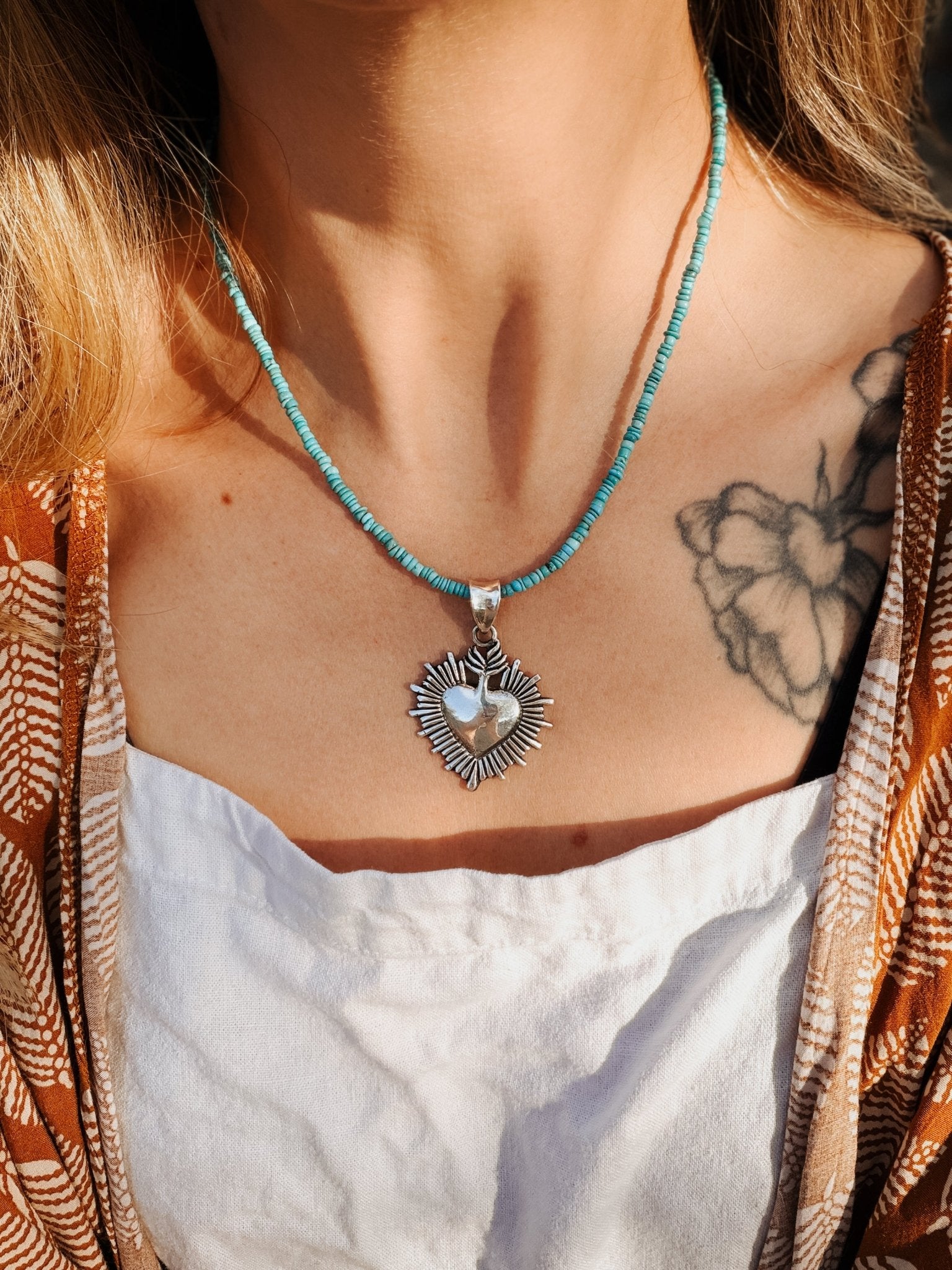 Heart Throb Pendant with Turquoise Bead Chain - Golden Road Crafted