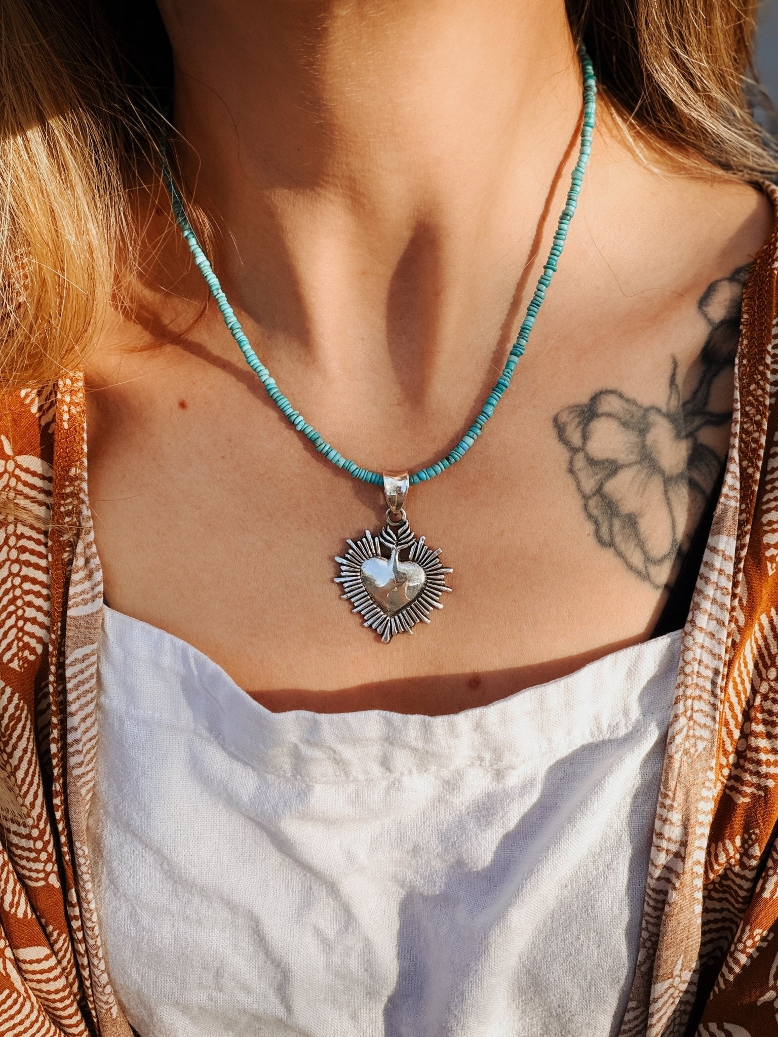 Heart Throb Pendant with Turquoise Bead Chain - Golden Road Crafted