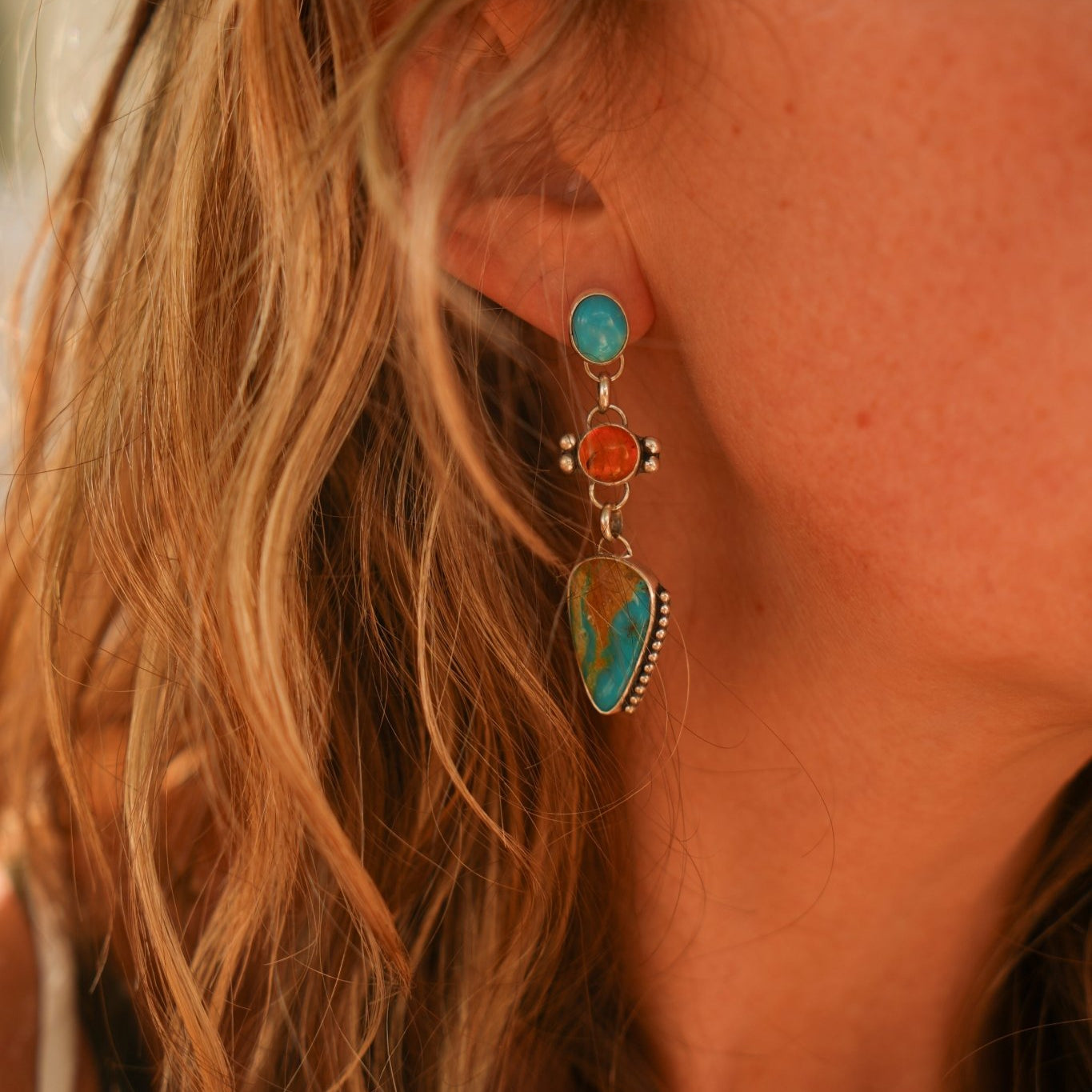 High Tides Earrings in Amber, Royston, & Prince Turquoise - Golden Road Crafted