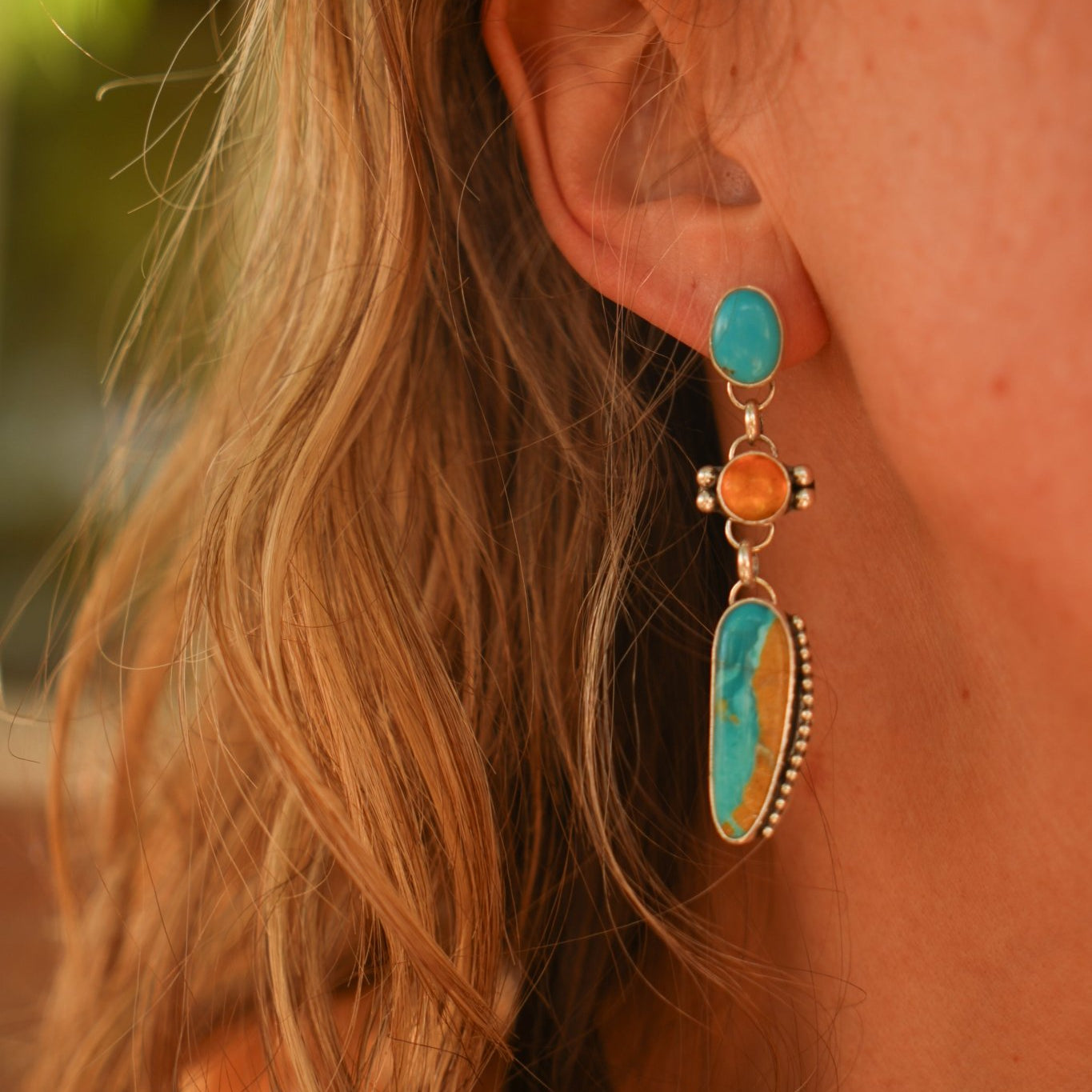 High Tides Earrings in Amber, Royston, & Prince Turquoise - Golden Road Crafted