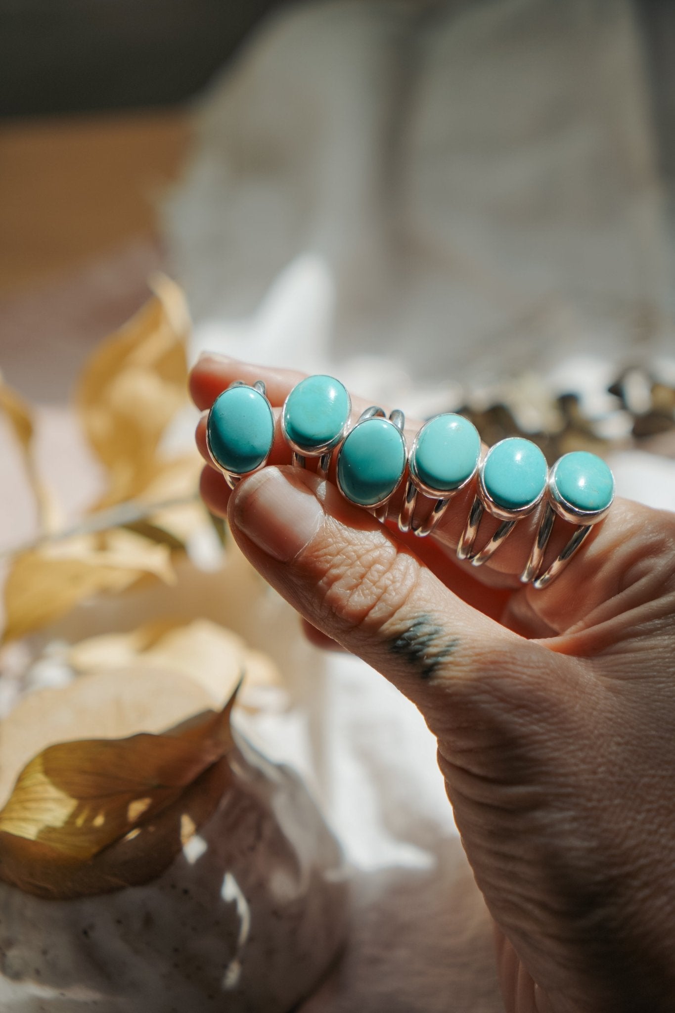 Horizontal Ring in Campitos Turquoise (Size 9) - Golden Road Crafted