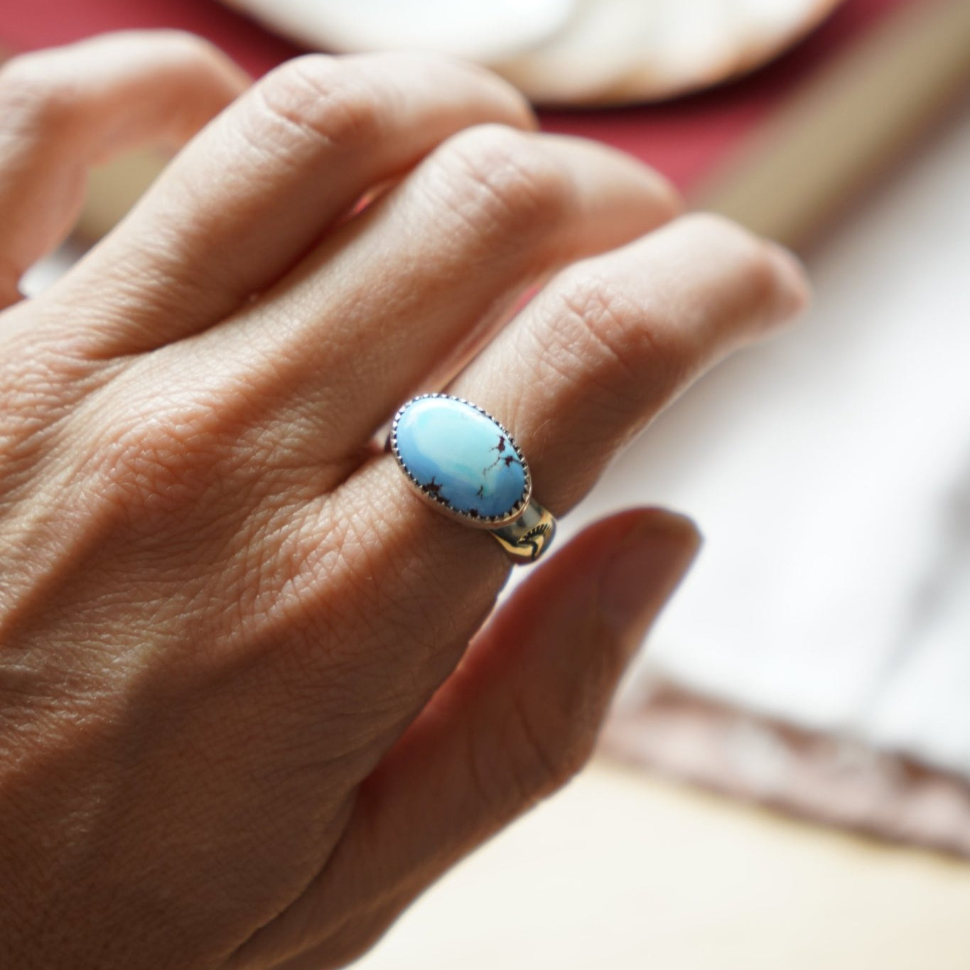Horizontal Ring in Golden Hills Turquoise (Size 8) - Golden Road Crafted