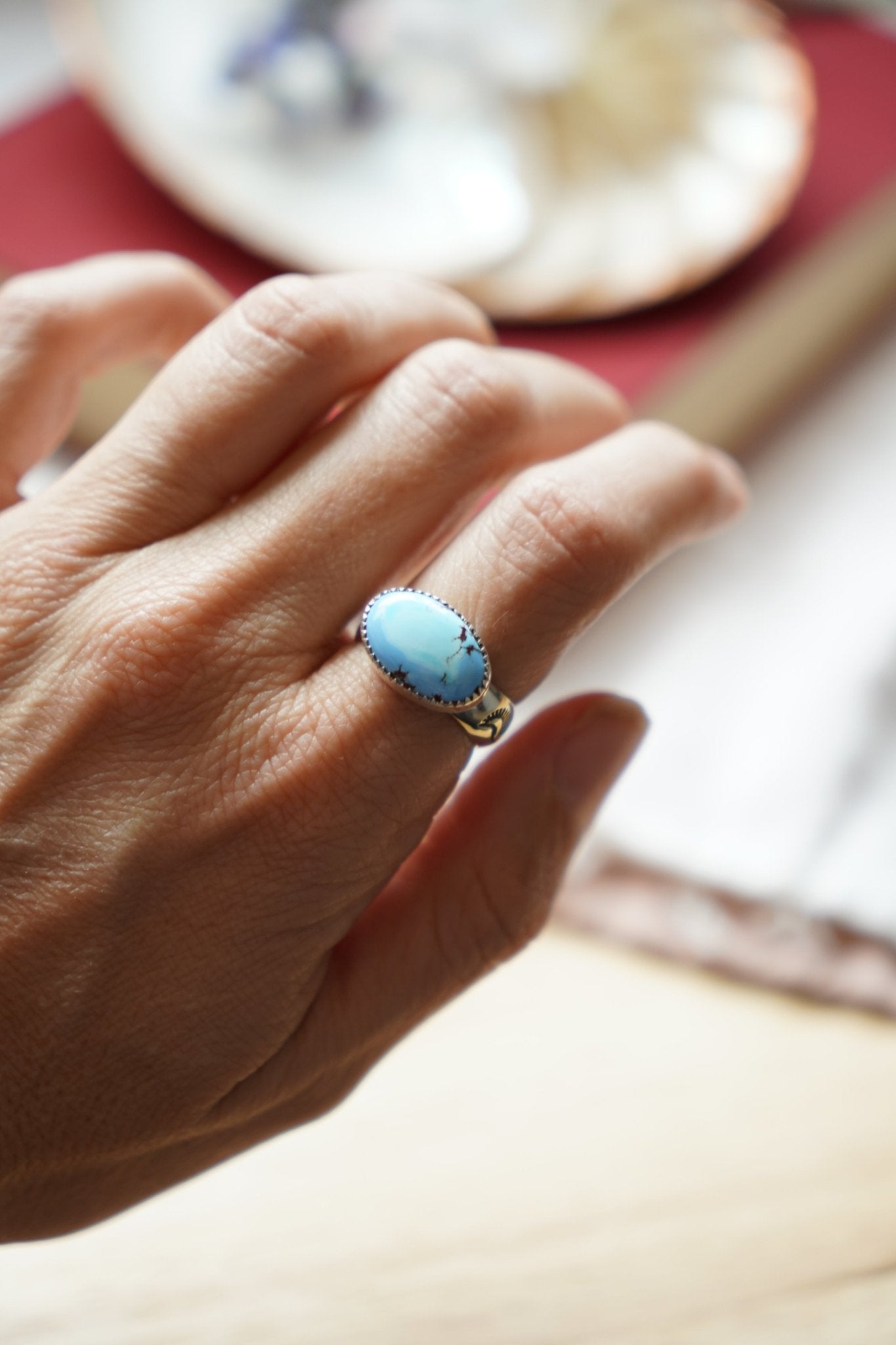Horizontal Ring in Golden Hills Turquoise (Size 8) - Golden Road Crafted