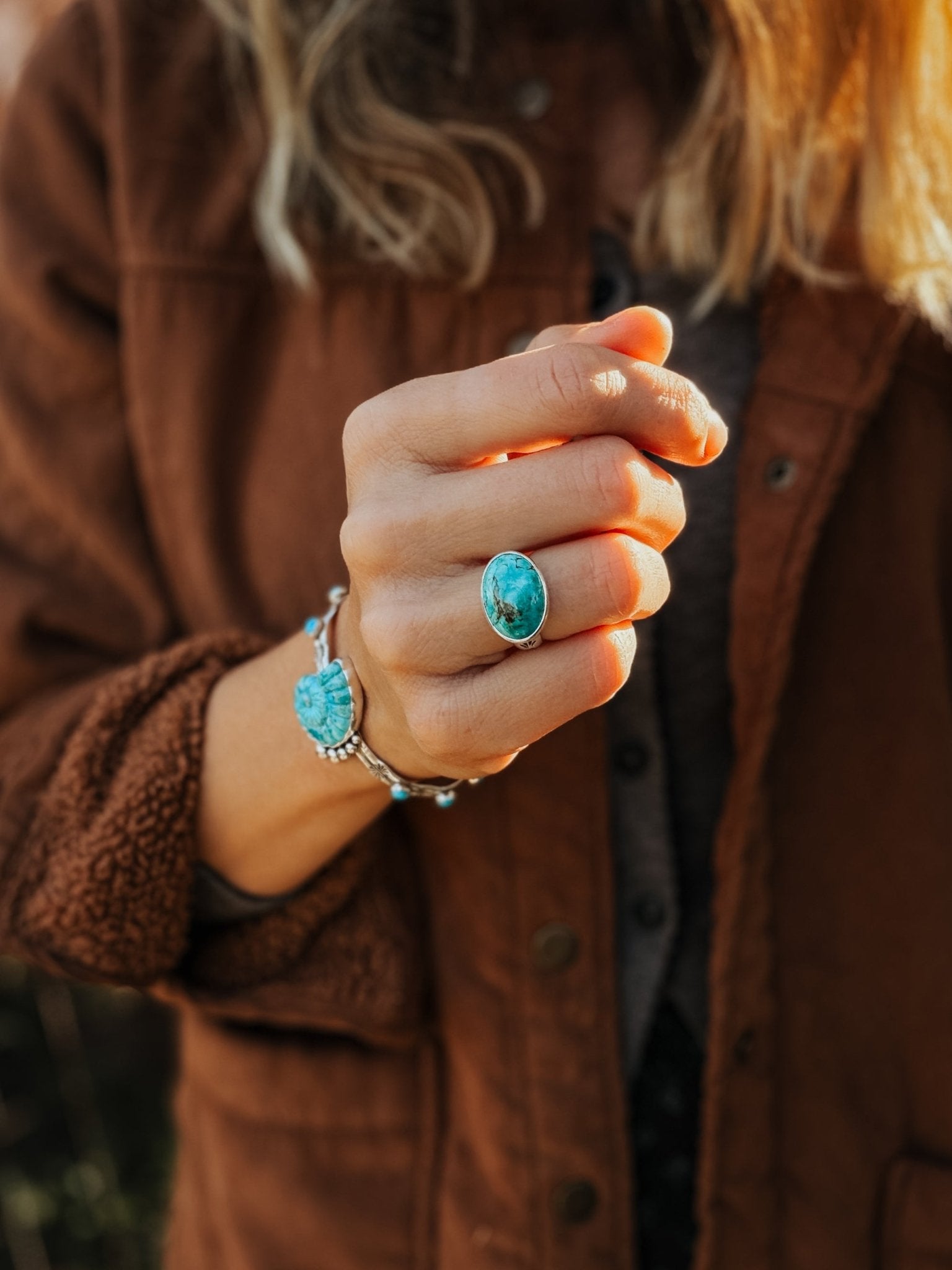 Horizontal Ring in Lone Mtn Turquoise (Size 6.5) - Golden Road Crafted