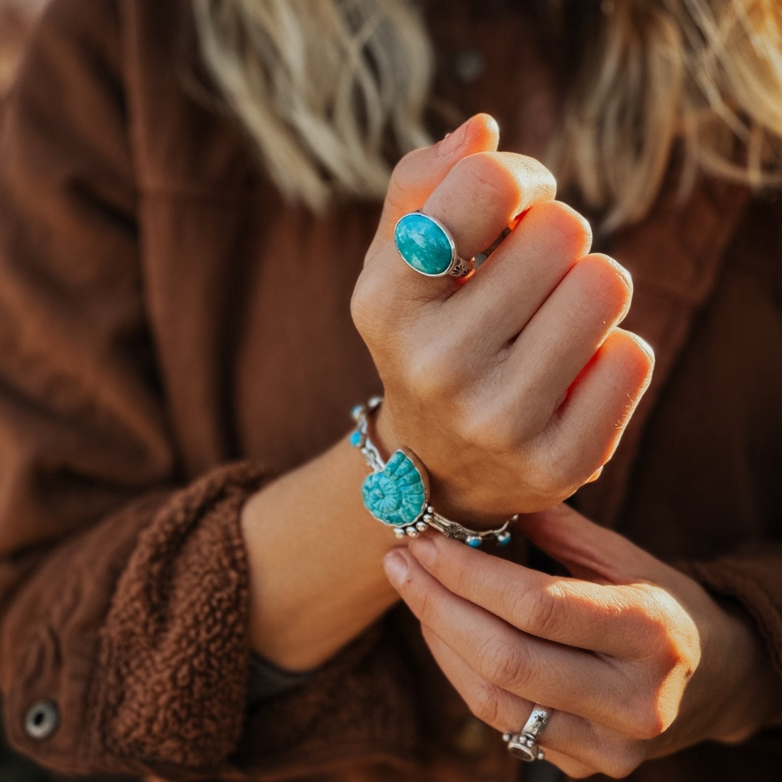 Horizontal Ring in Lone Mtn Turquoise (Size 8.5) - Golden Road Crafted