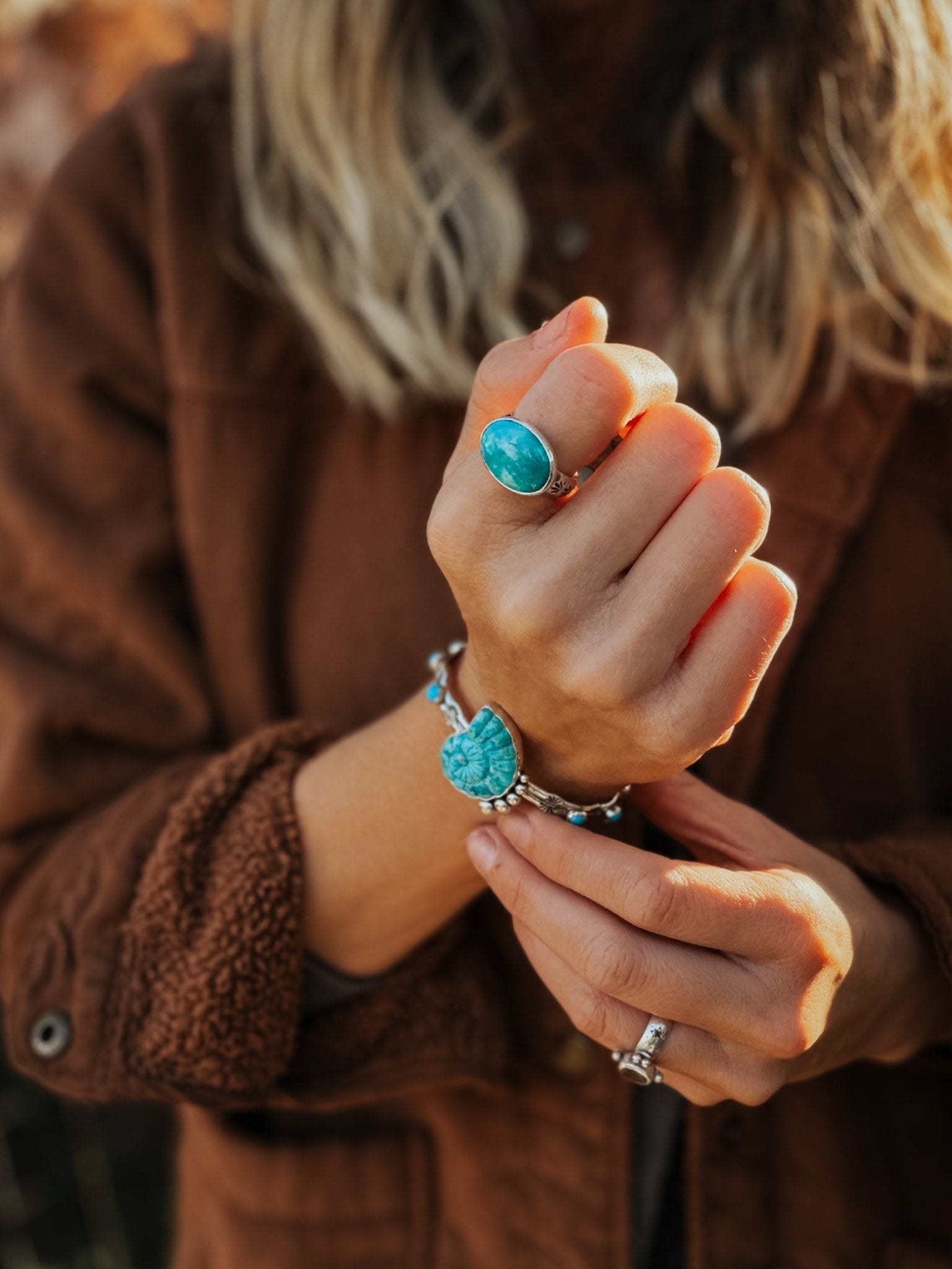 Horizontal Ring in Lone Mtn Turquoise (Size 8.5) - Golden Road Crafted