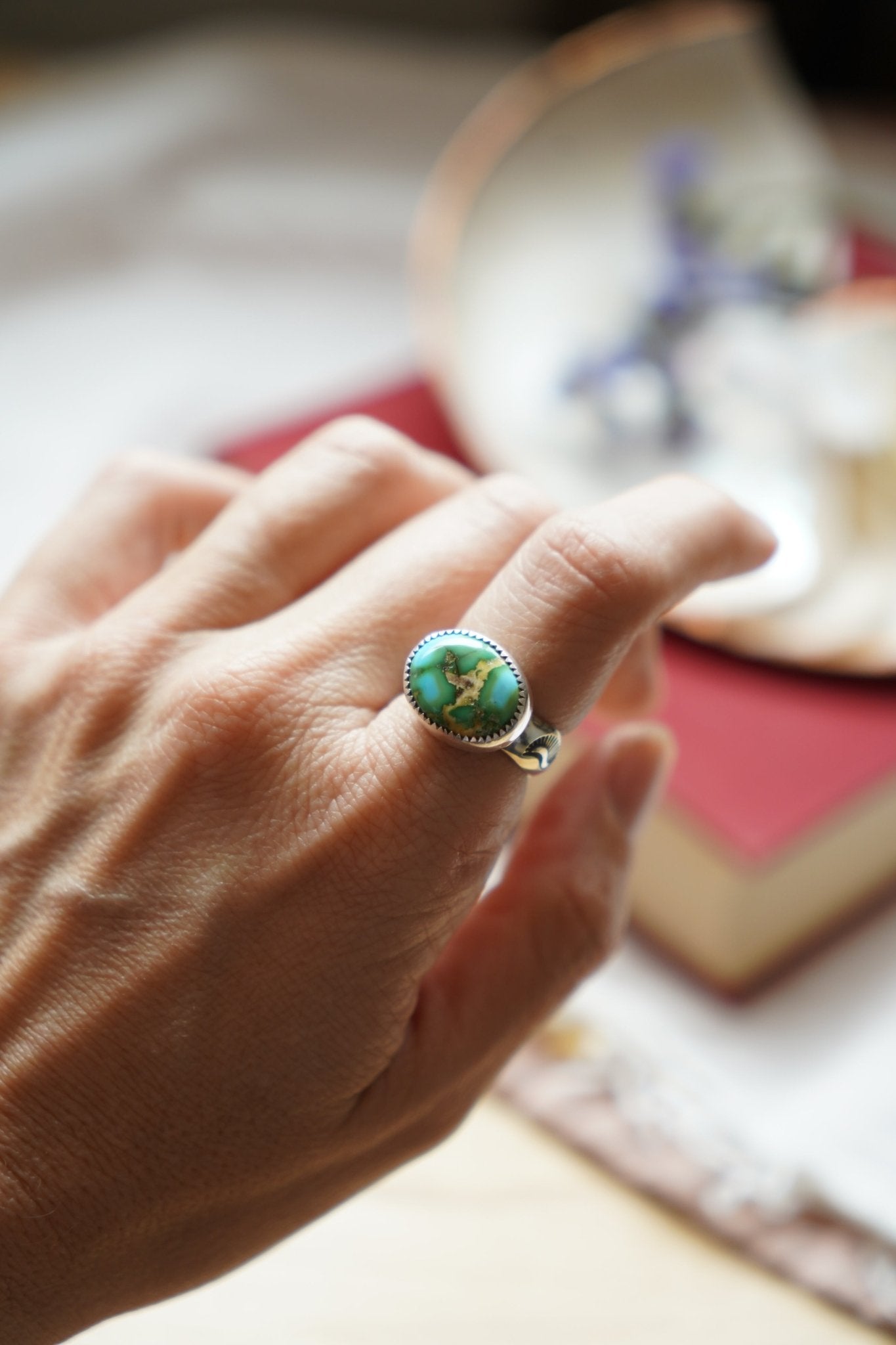 Horizontal Ring in Sonoran Mtn Turquoise (Size 7) - Golden Road Crafted