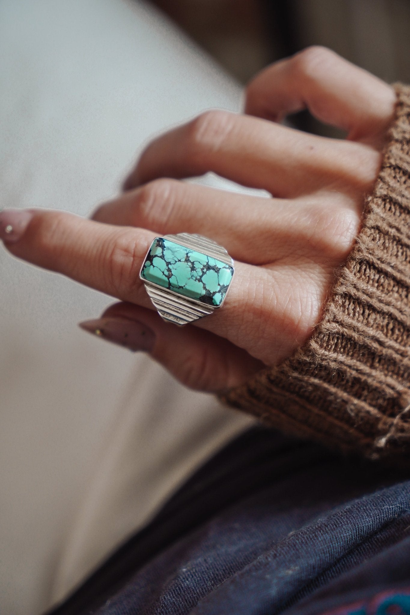 Hubei Turquoise Ring (Size 8 - 8.25) - Golden Road Crafted