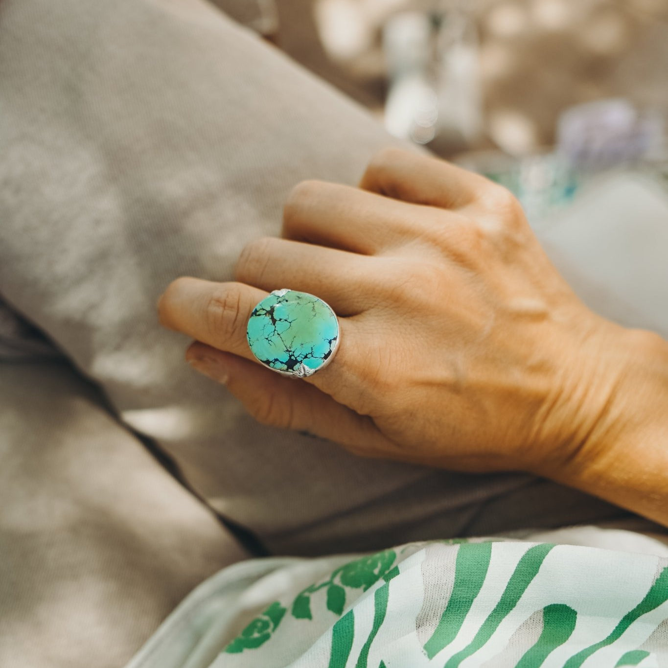 Hubei Turquoise Ring with Sterling Silver Leaf Prong (Size 9) - Golden Road Crafted