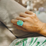 Hubei Turquoise Ring with Sterling Silver Leaf Prong (Size 9) - Golden Road Crafted