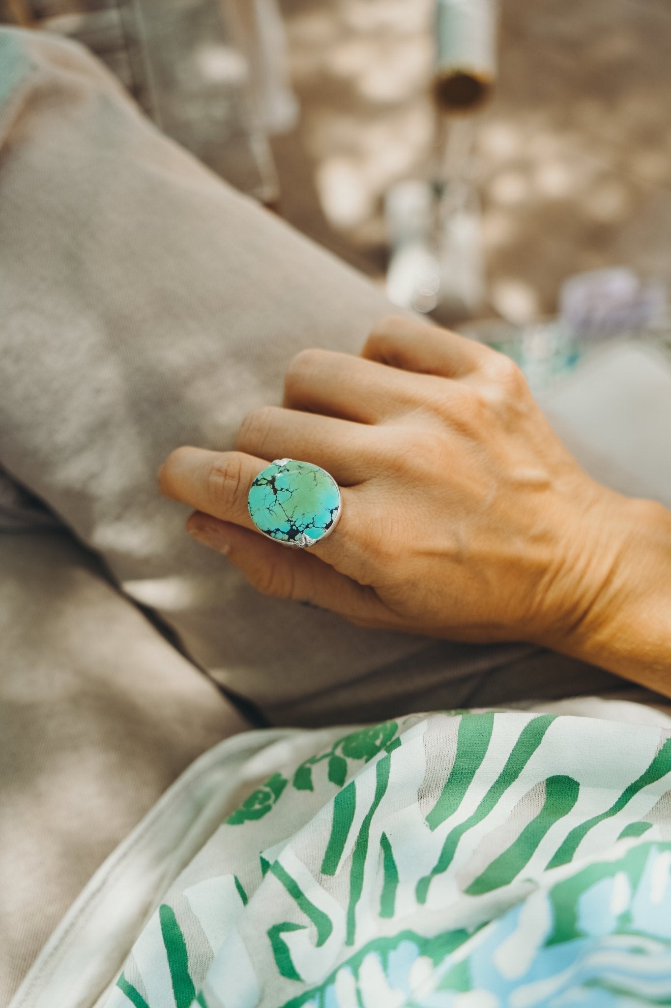 Hubei Turquoise Ring with Sterling Silver Leaf Prong (Size 9) - Golden Road Crafted