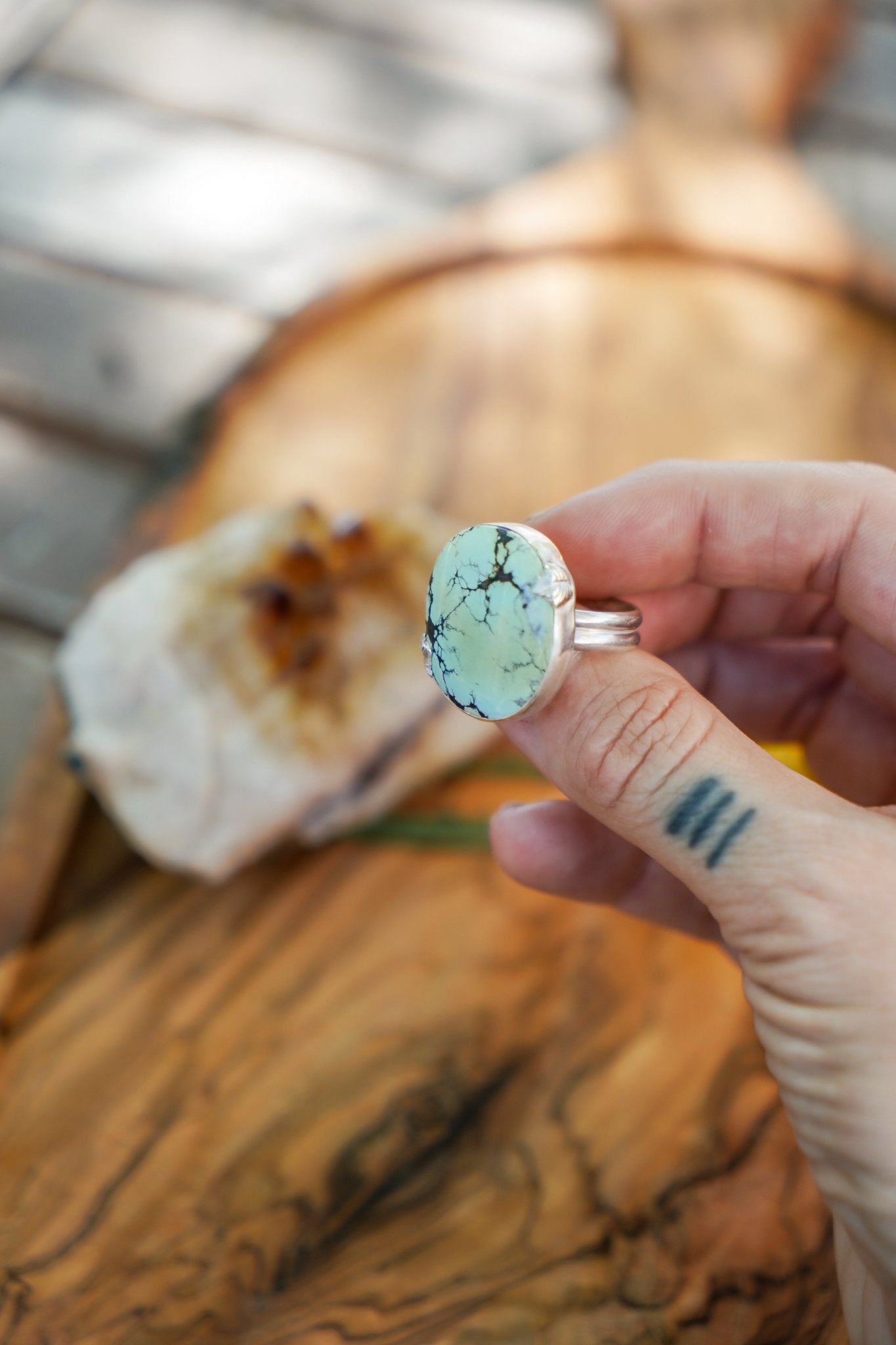 Hubei Turquoise Ring with Sterling Silver Leaf Prong (Size 9) - Golden Road Crafted