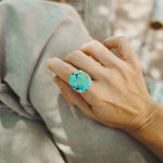 Hubei Turquoise Ring with Sterling Silver Leaf Prong (Size 9) - Golden Road Crafted