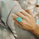 Hubei Turquoise Ring with Sterling Silver Leaf Prong (Size 9) - Golden Road Crafted