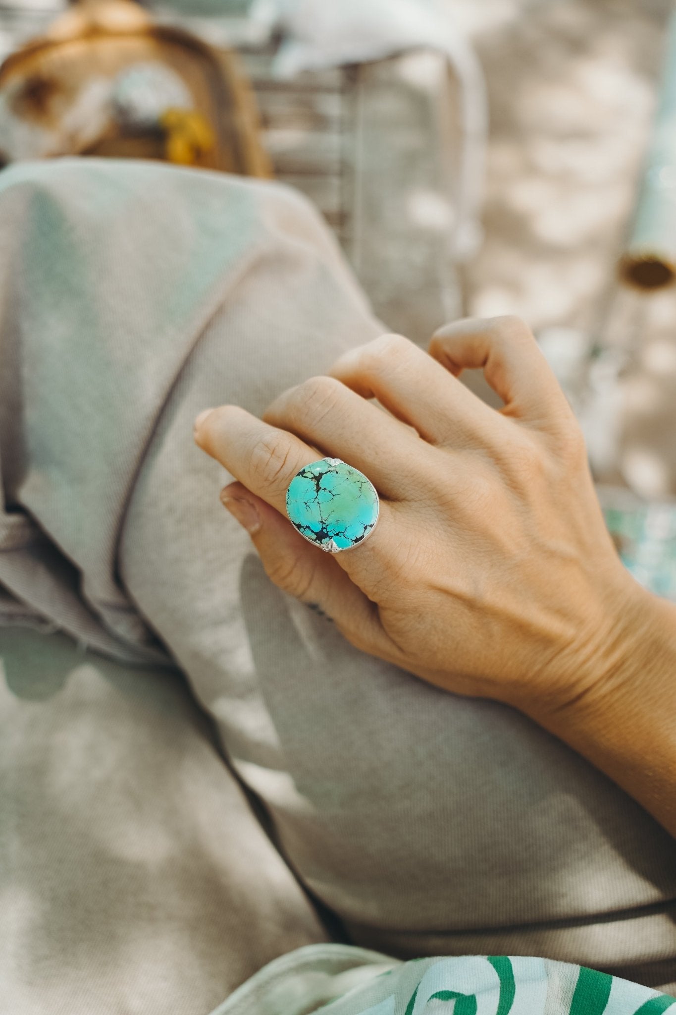 Hubei Turquoise Ring with Sterling Silver Leaf Prong (Size 9) - Golden Road Crafted