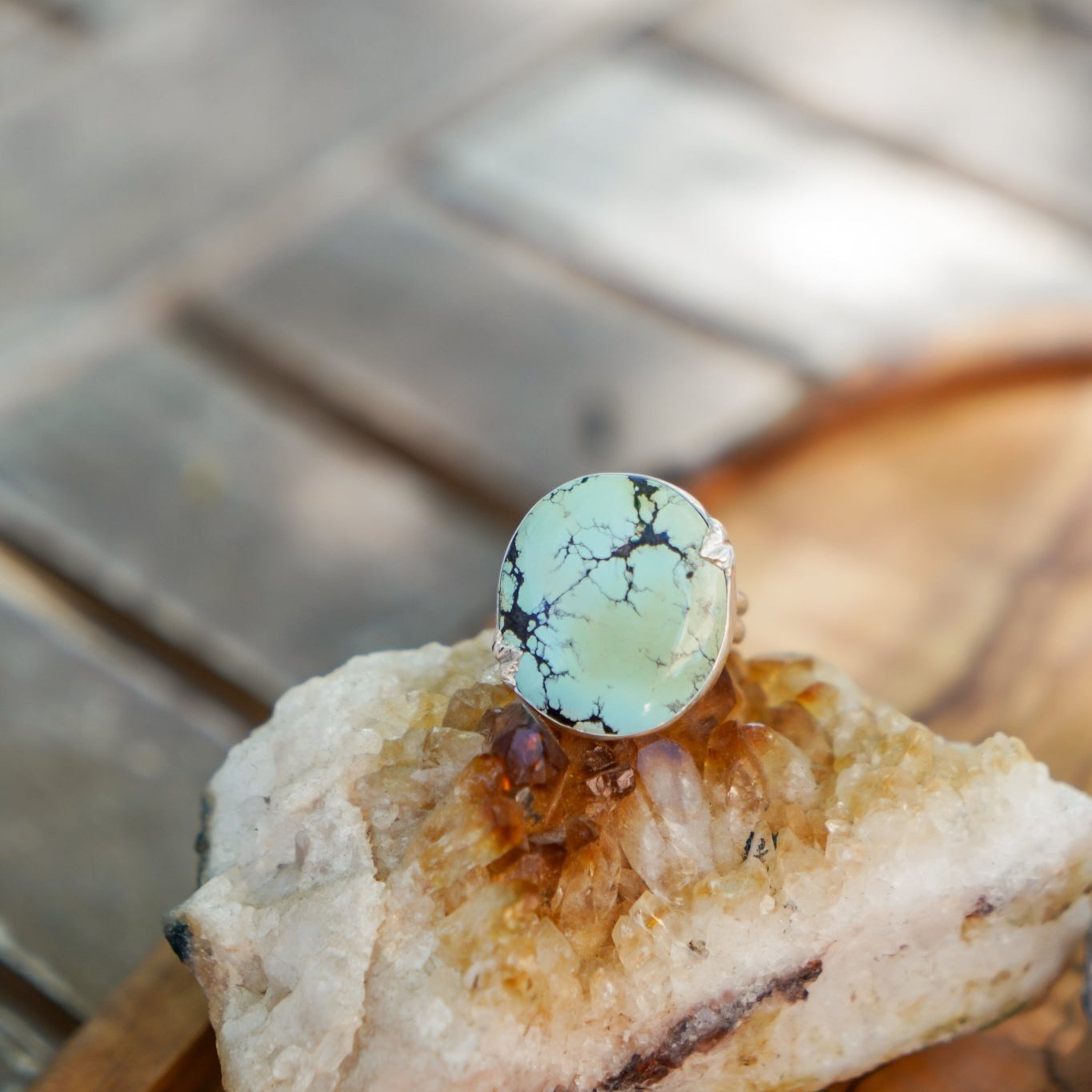 Hubei Turquoise Ring with Sterling Silver Leaf Prong (Size 9) - Golden Road Crafted