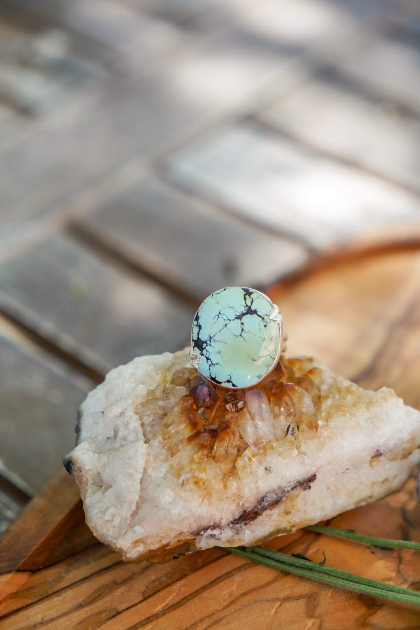 Hubei Turquoise Ring with Sterling Silver Leaf Prong (Size 9) - Golden Road Crafted